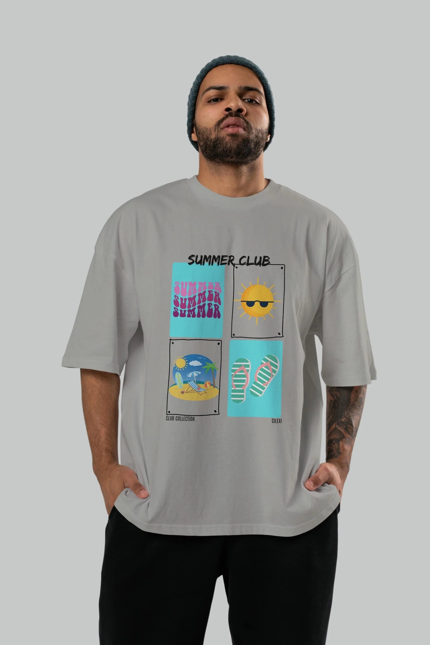 Summer Club ön Baskılı Oversize t-shirt Erkek Kadın %100 Pamuk Bisiklet Yaka tişort