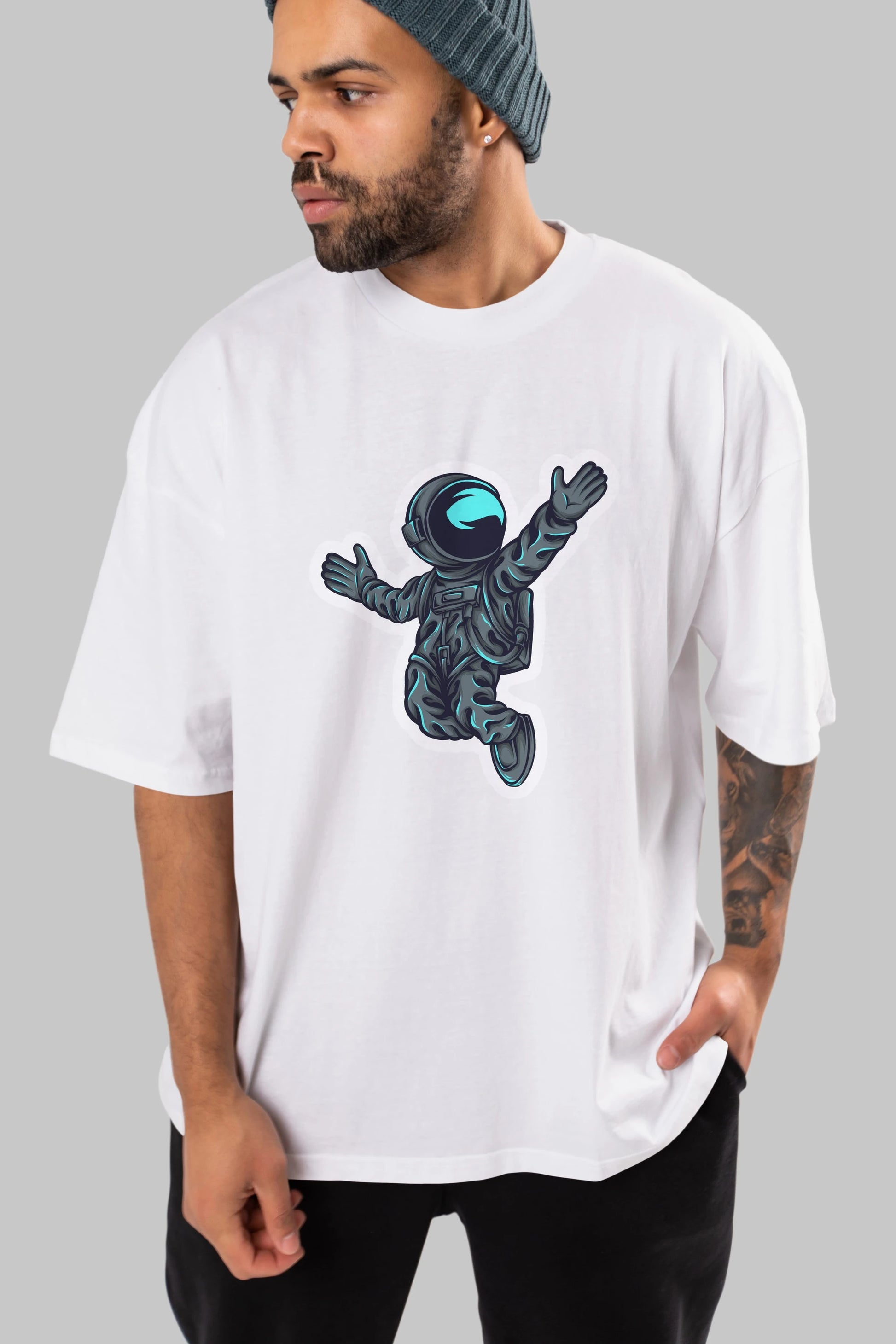 Happy Astronaut Sticker Ön Baskılı Oversize t-shirt Erkek Kadın Unisex