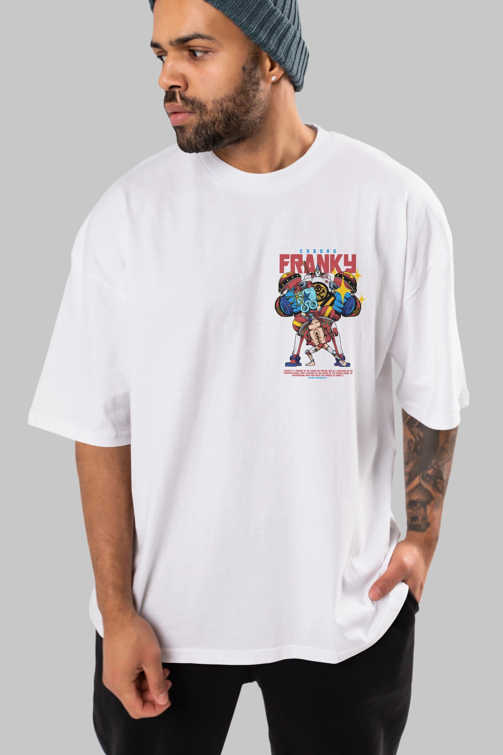 Cyborg Franky Ön Sol Baskılı Oversize t-shirt Erkek Kadın Unisex %100 Pamuk Bisiklet Yaka tişort