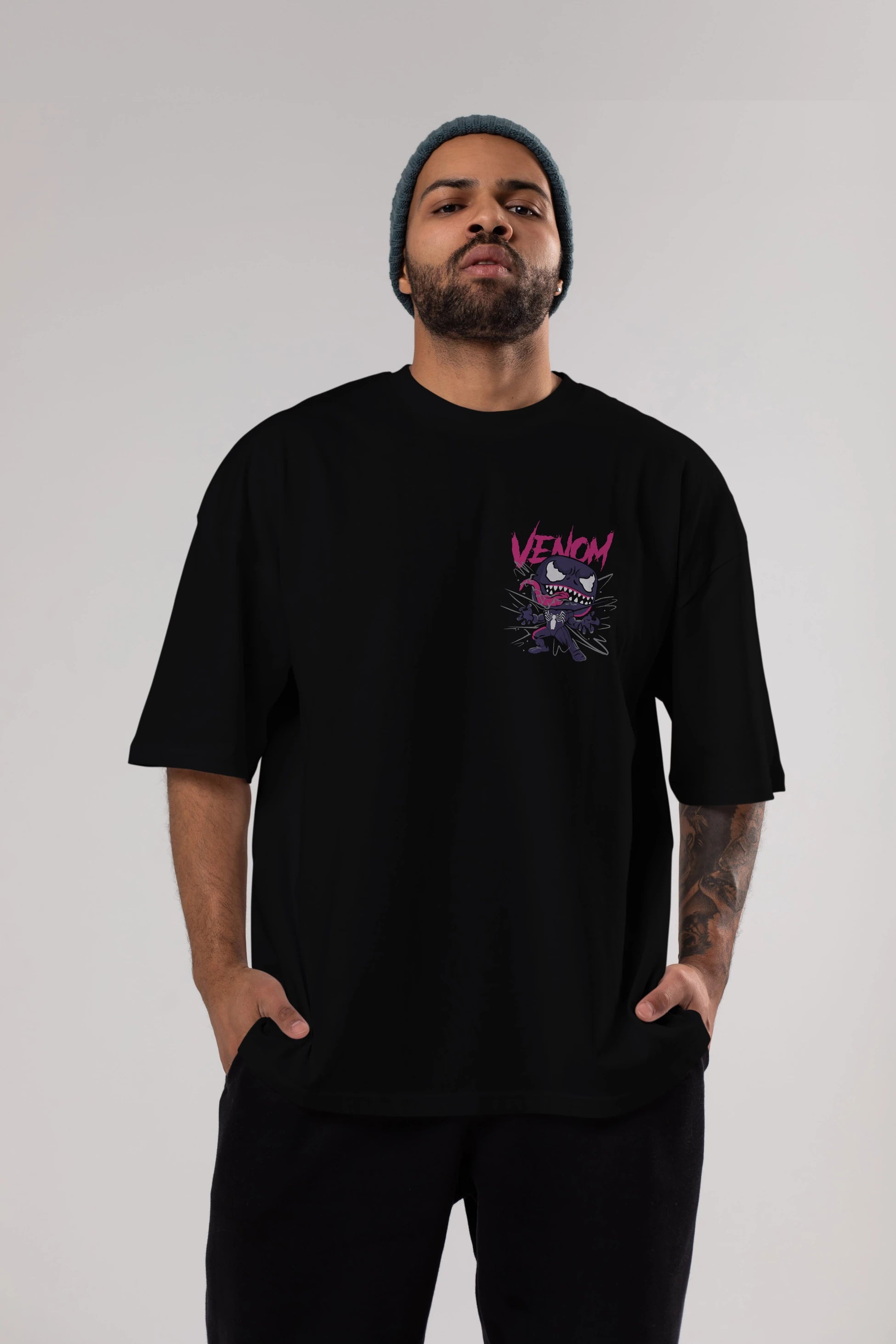 Venom (20) Ön Sol Baskılı Oversize t-shirt Erkek Kadın Unisex %100 Pamuk Bisiklet Yaka tişort