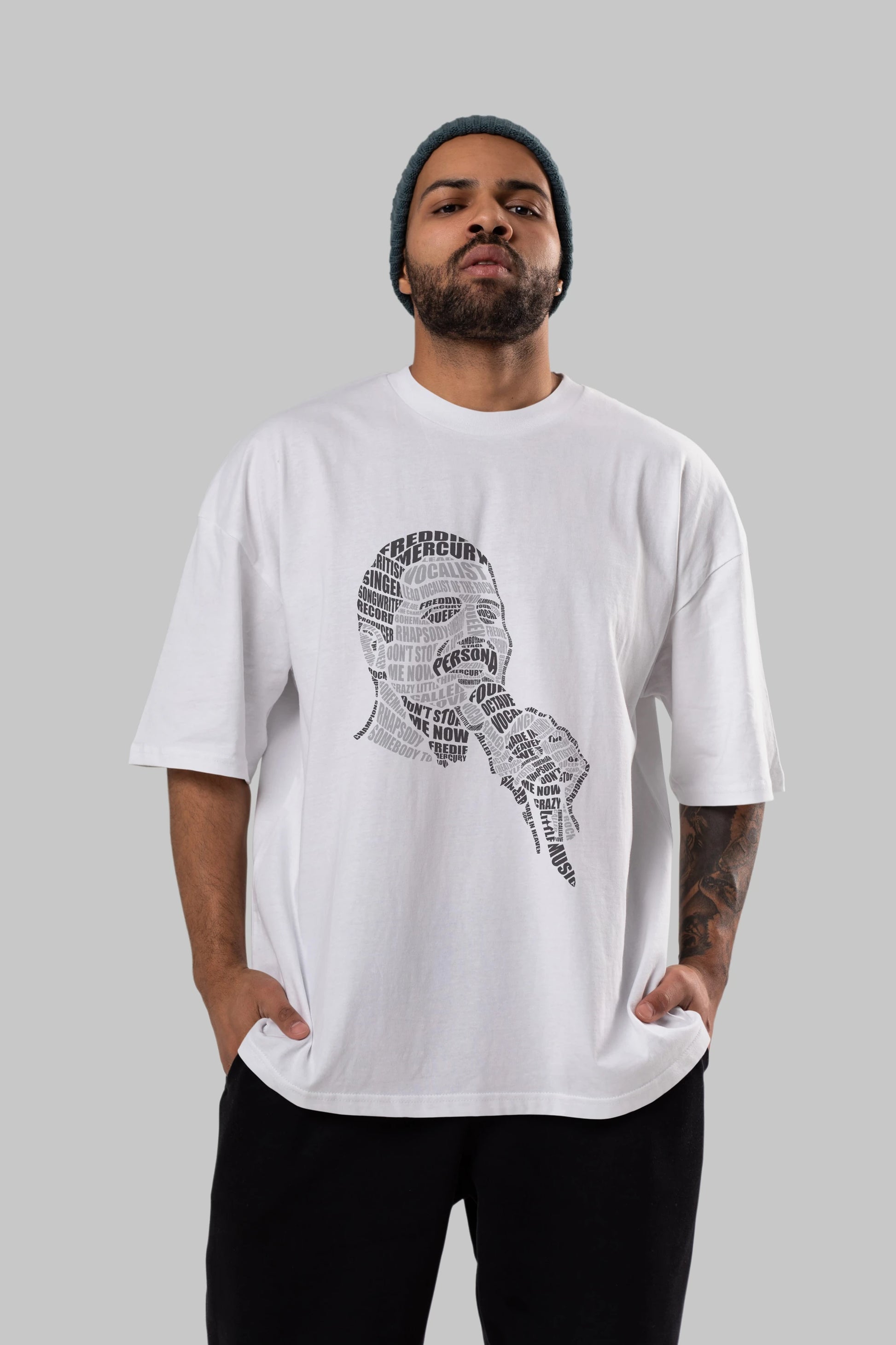 Freddy Mercuri Calligram Ön Baskılı Oversize t-shirt %100 pamuk Erkek Kadın Unisex