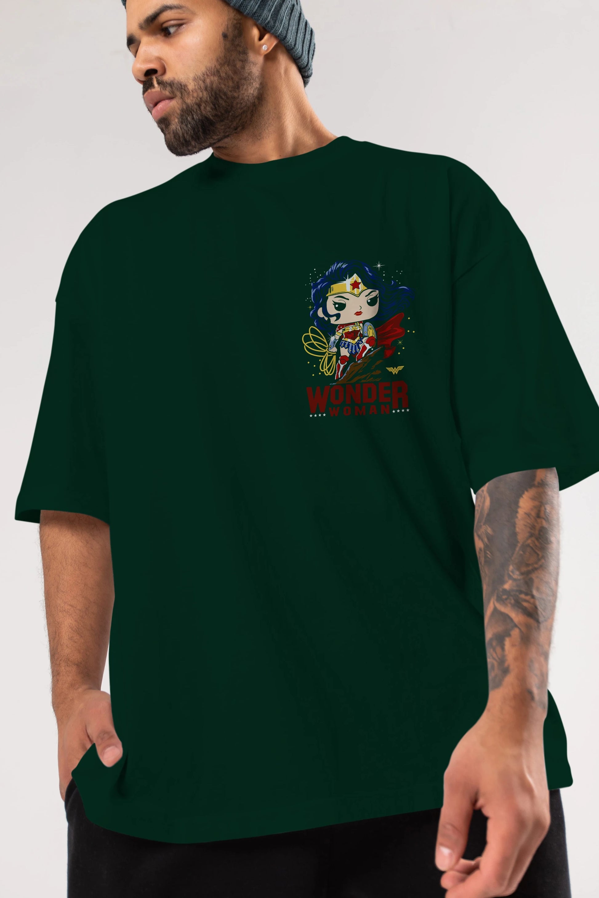 Wonder Woman (2) Ön Sol Baskılı Oversize t-shirt Erkek Kadın Unisex %100 Pamuk Bisiklet Yaka tişort