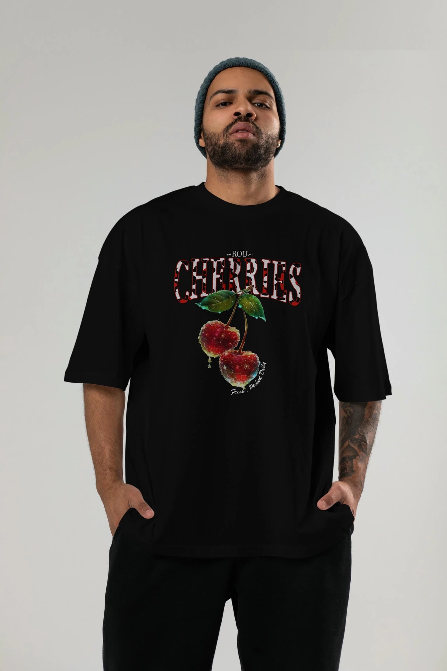 Cherry Cherries 7 Ön Baskılı Oversize t-shirt Erkek Kadın Pamuk Bisiklet Yaka tişort