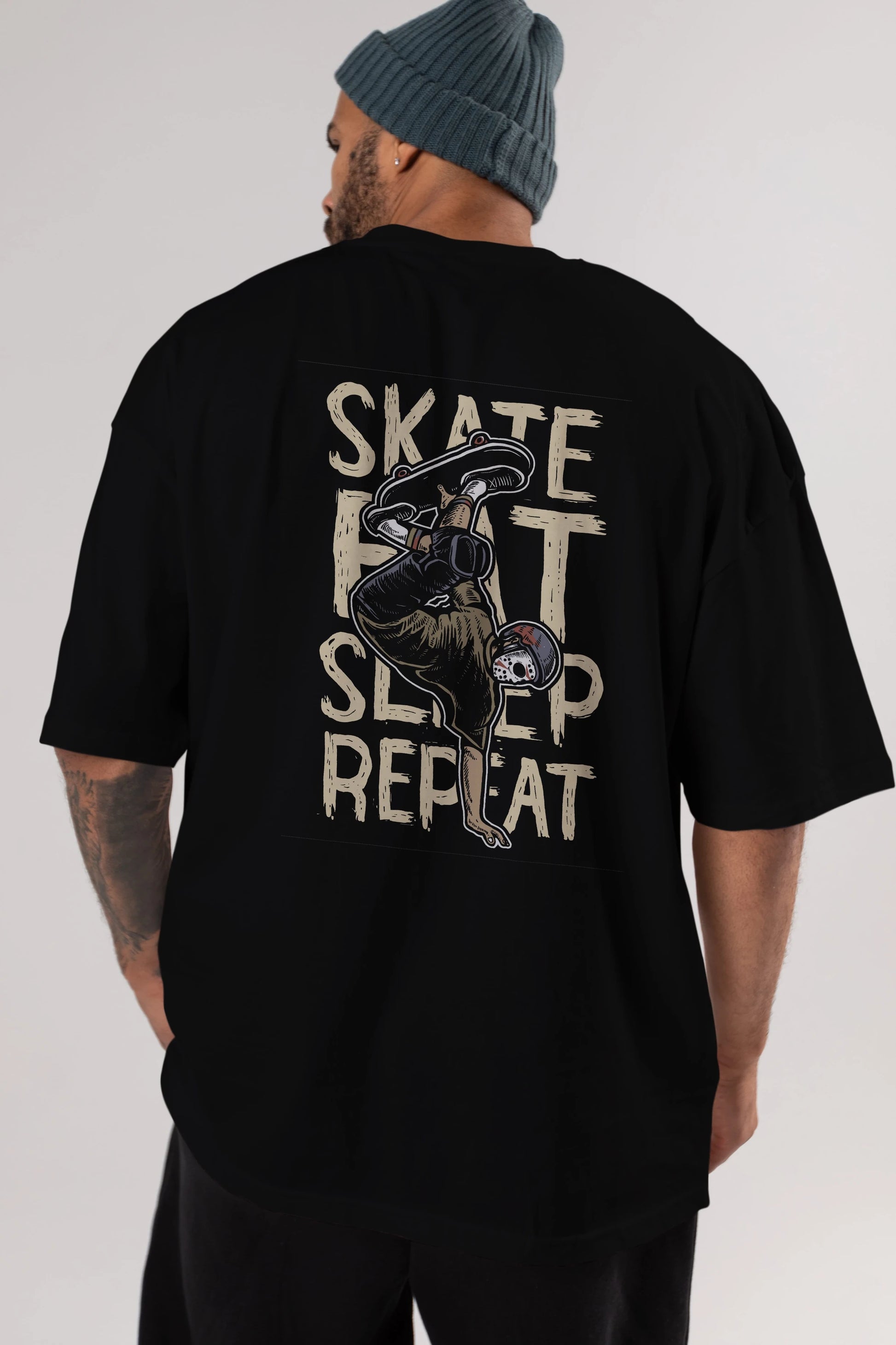 Skate Eat Sleep Repeat Arka Baskılı Oversize t-shirt Erkek Kadın Unisex %100 Pamuk