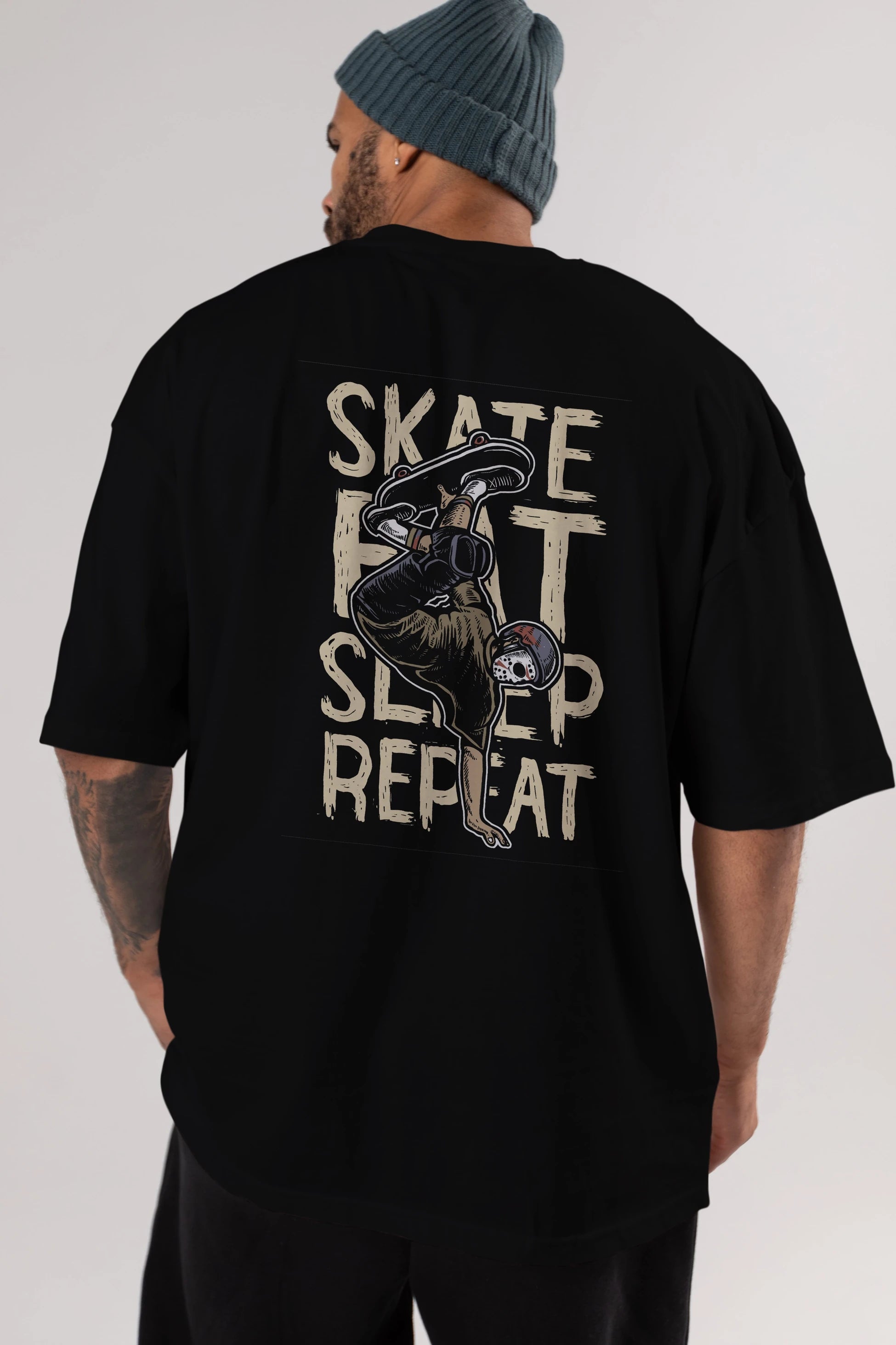 Skate Eat Sleep Repeat Arka Baskılı Oversize t-shirt Erkek Kadın Unisex %100 Pamuk