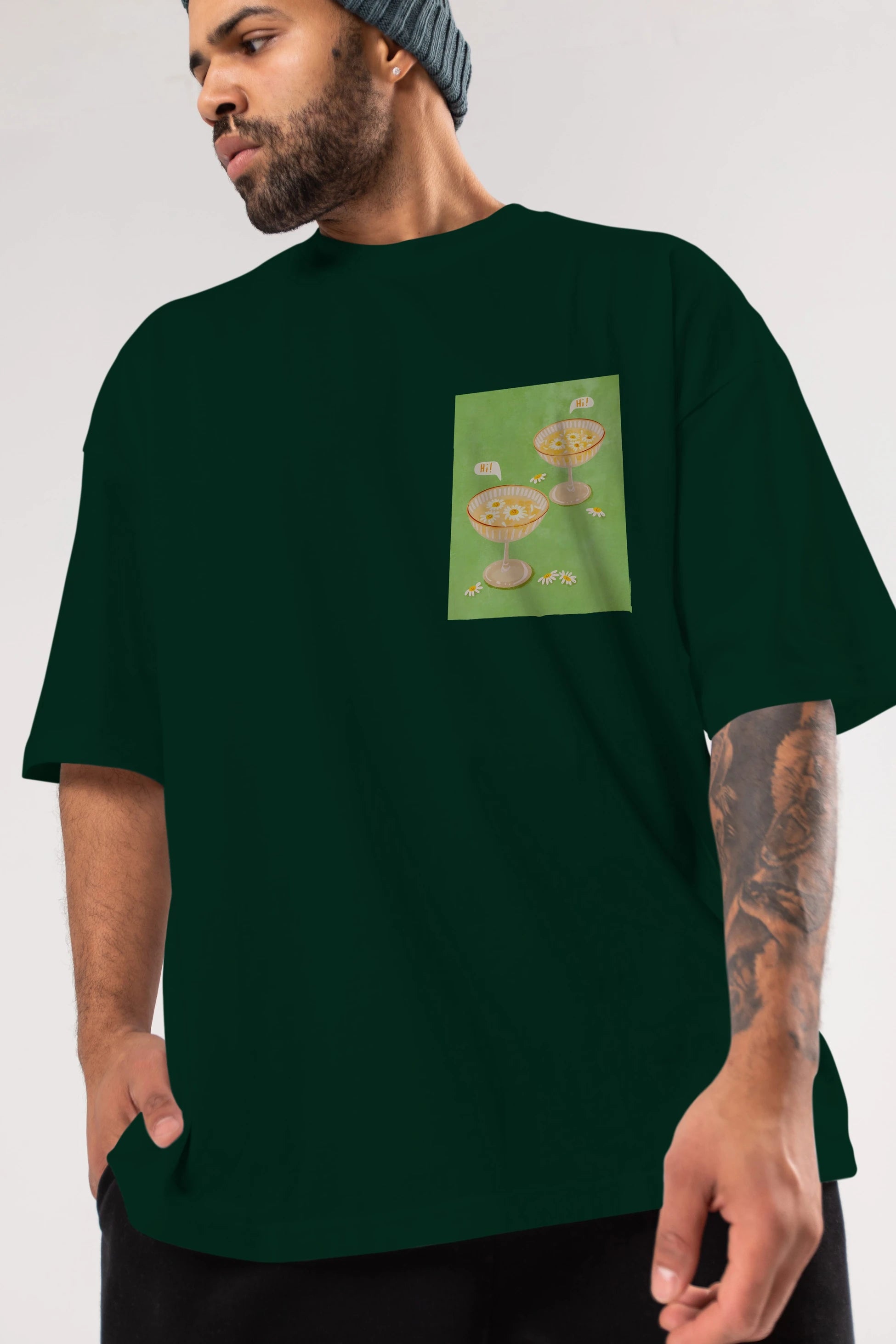 Hi Cheers Ön Sol Baskılı Oversize t-shirt Erkek Kadın Unisex %100 Pamuk Bisiklet Yaka tişort
