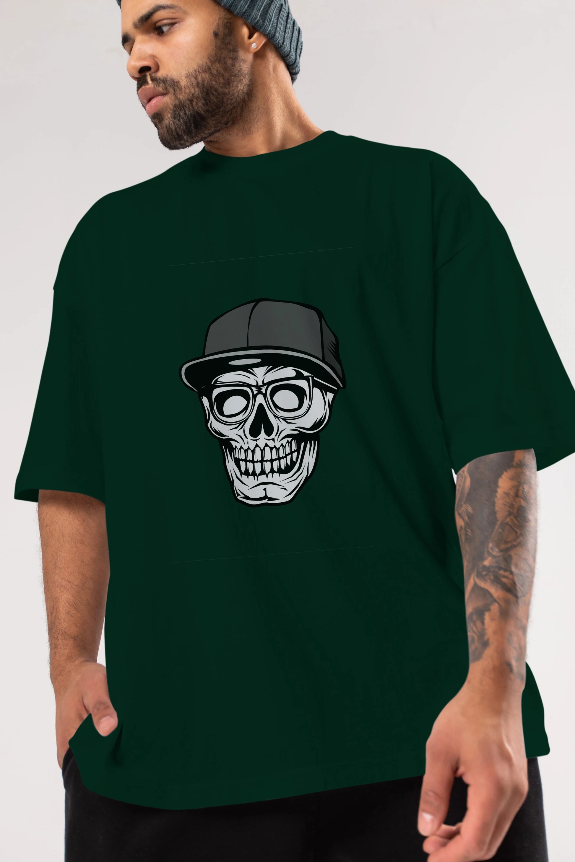 Skull With Hat Ön Baskılı Oversize t-shirt Erkek Kadın Unisex %100 Pamuk tişort