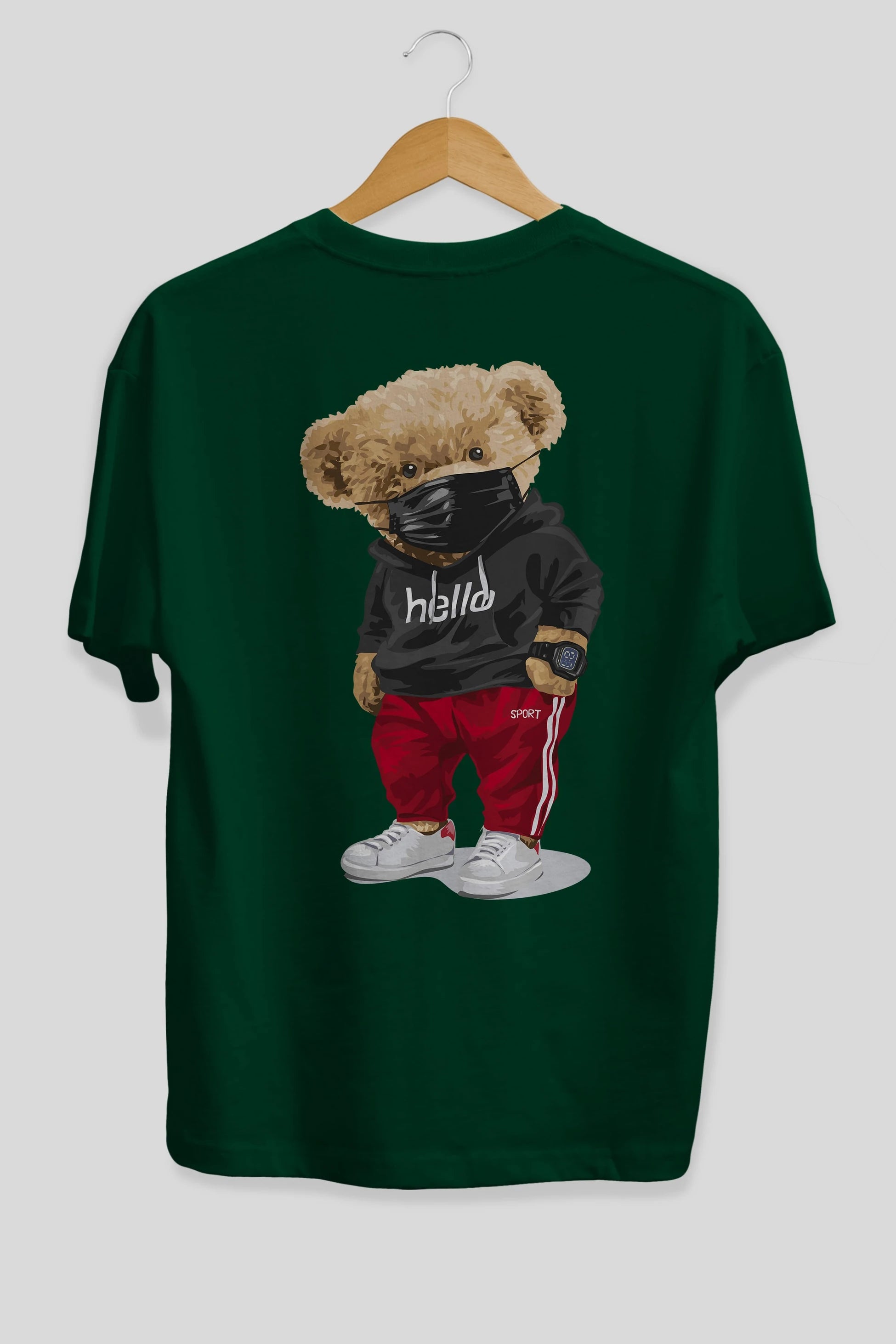 Teddy Bear Hello Sport Arka Baskılı Oversize t-shirt Erkek Kadın Unisex %100 Pamuk