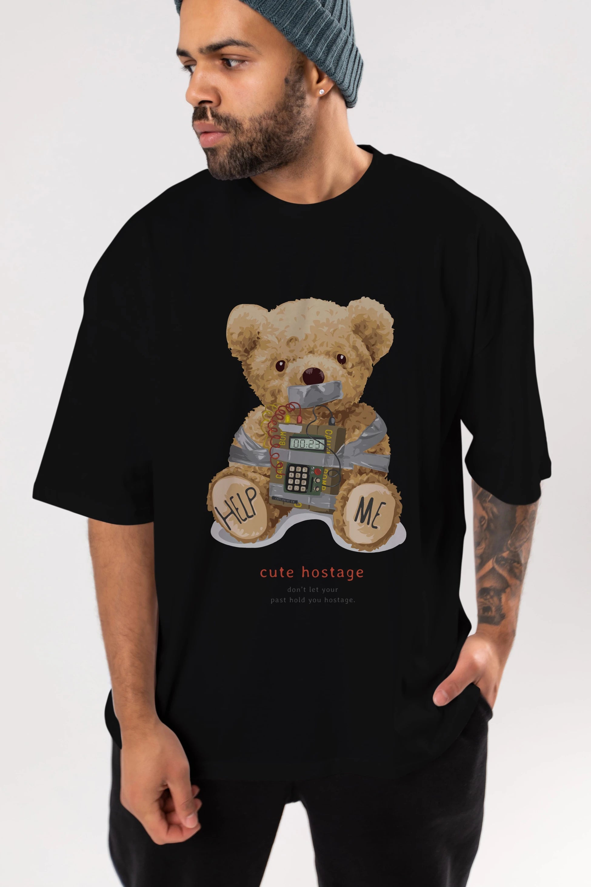 Teddy Bear Help Me Ön Baskılı Oversize t-shirt Erkek Kadın Unisex %100 Pamuk