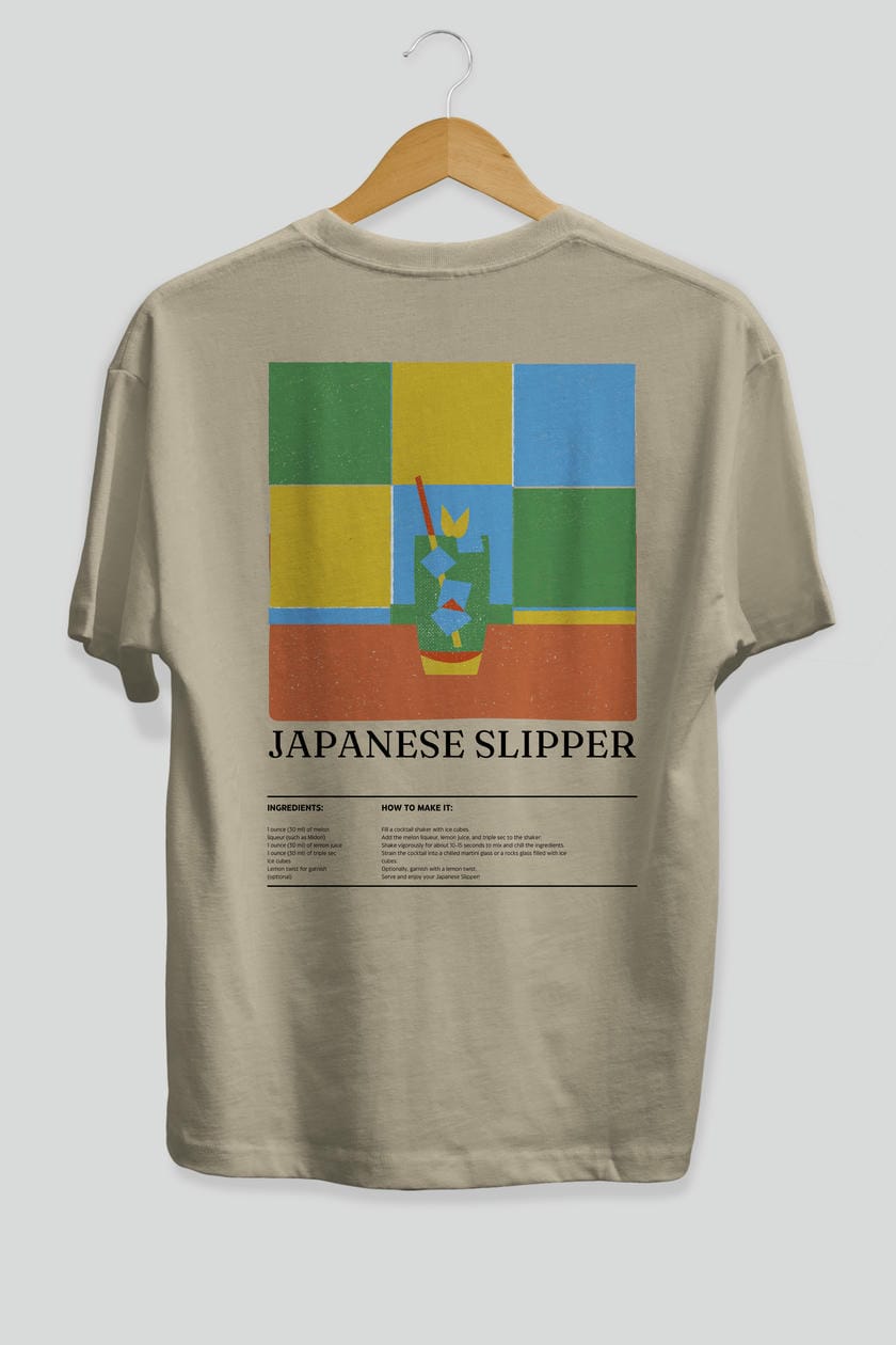 Japanese Slipper Kokteyl Serisi Arka Baskılı Oversize t-shirt Erkek Kadın %100 Pamuk Bisiklet Yaka tişort
