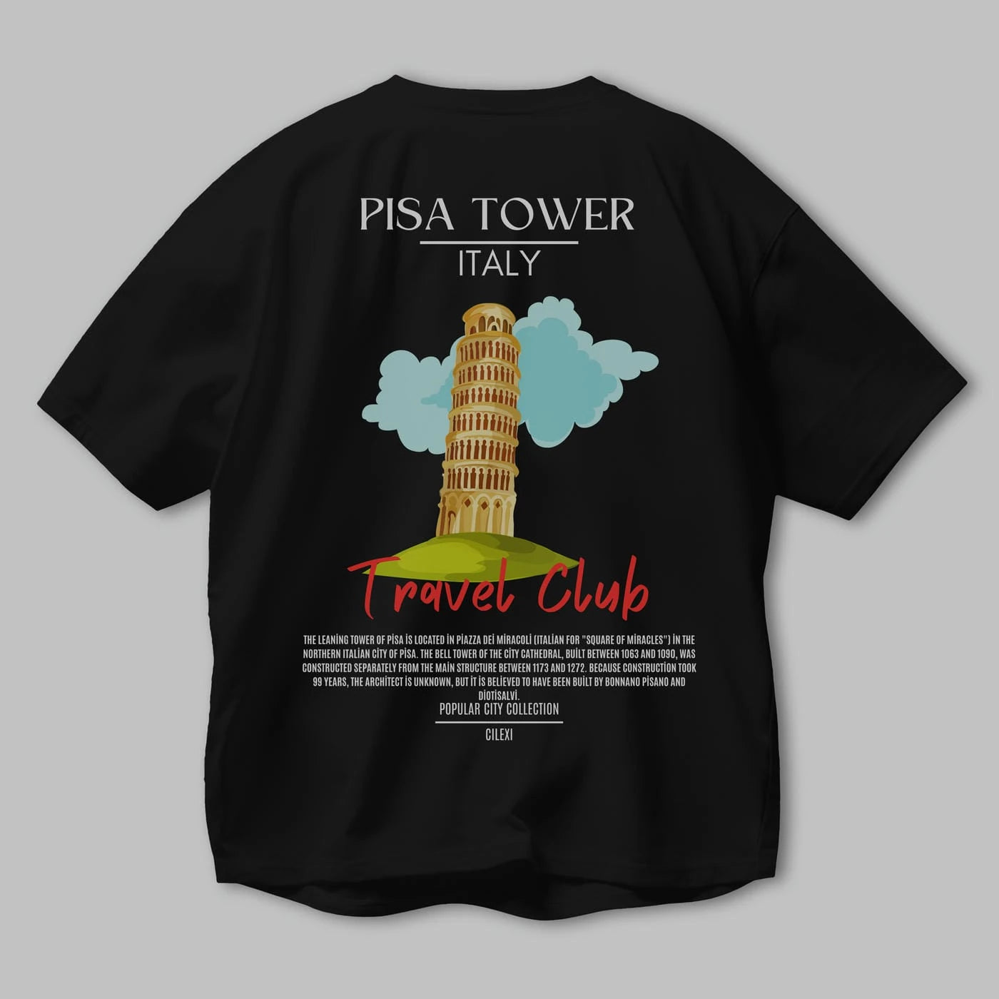 Pisa Tower İtaly Arka Baskılı Oversize t-shirt Erkek Kadın Pamuk Bisiklet Yaka tişort