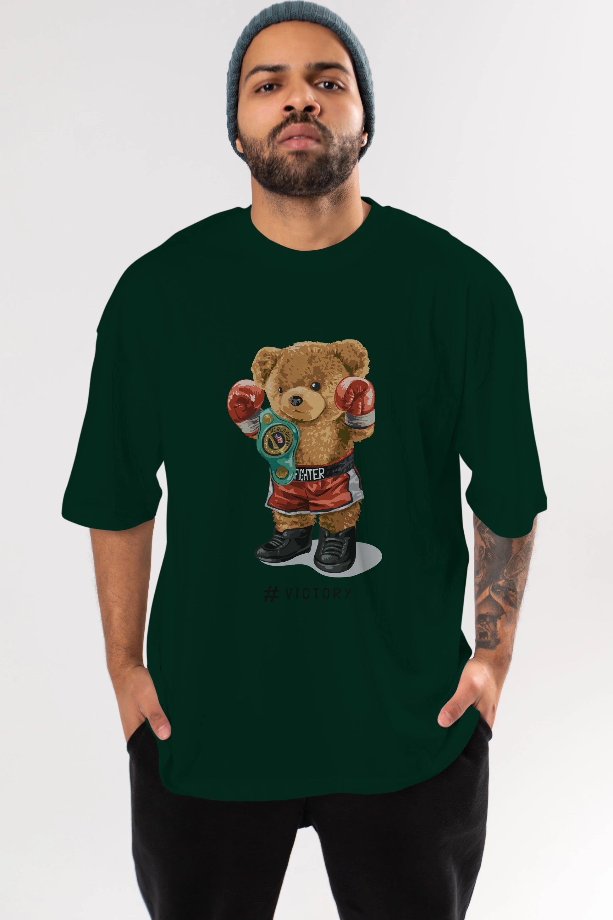 Teddy Bear Victory Ön Baskılı Oversize t-shirt Erkek Kadın Unisex %100 Pamuk
