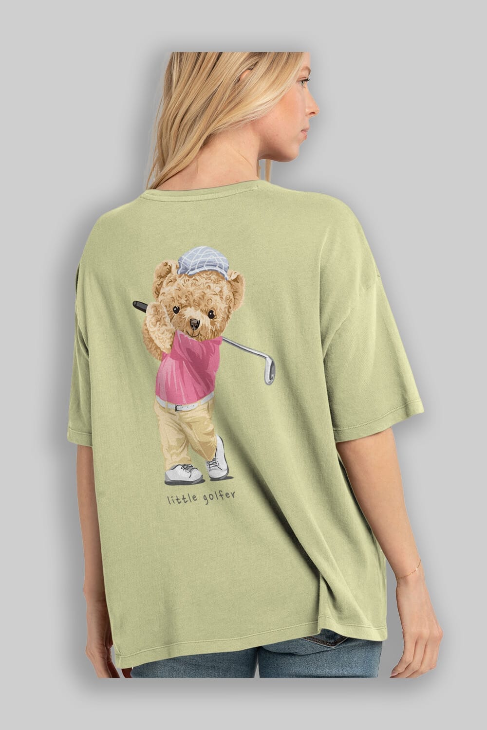 Teddy Bear Little Golfer Arka Baskılı Oversize t-shirt Erkek Kadın Unisex %100 Pamuk