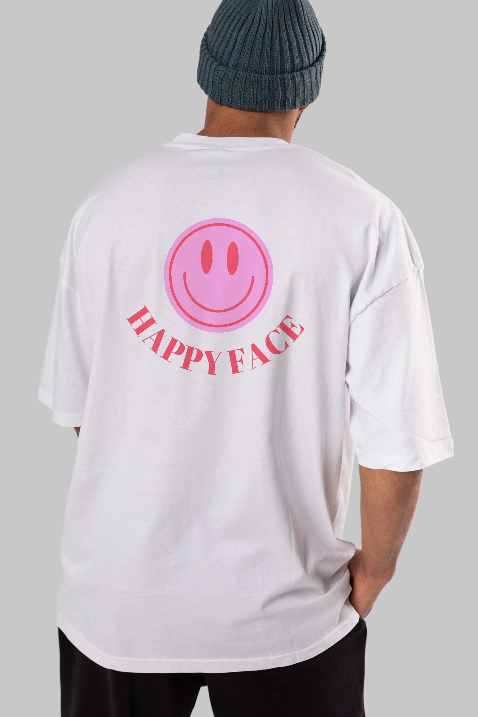 Happy Face Yazılı Arka Baskılı Oversize t-shirt Erkek Kadın Unisex