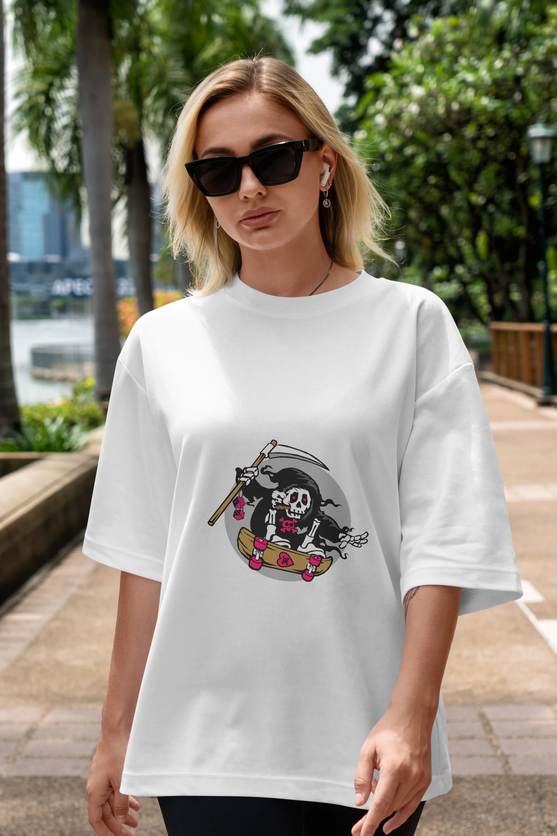 Grim Skater Ön Baskılı Oversize t-shirt Erkek Kadın Unisex %100 Pamuk tişort