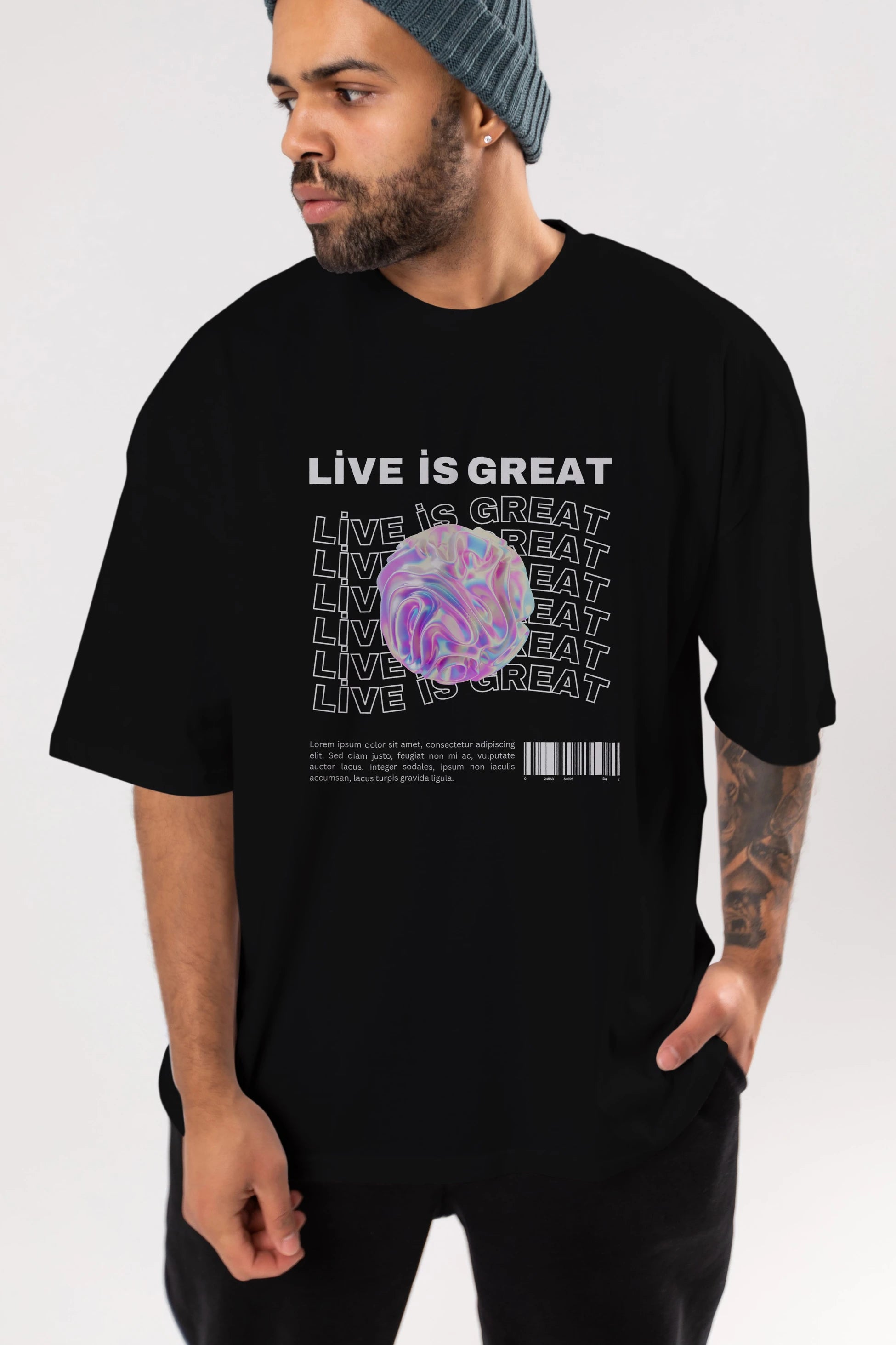 Live is Great Yazılı Ön Baskılı Oversize t-shirt Erkek Kadın Unisex