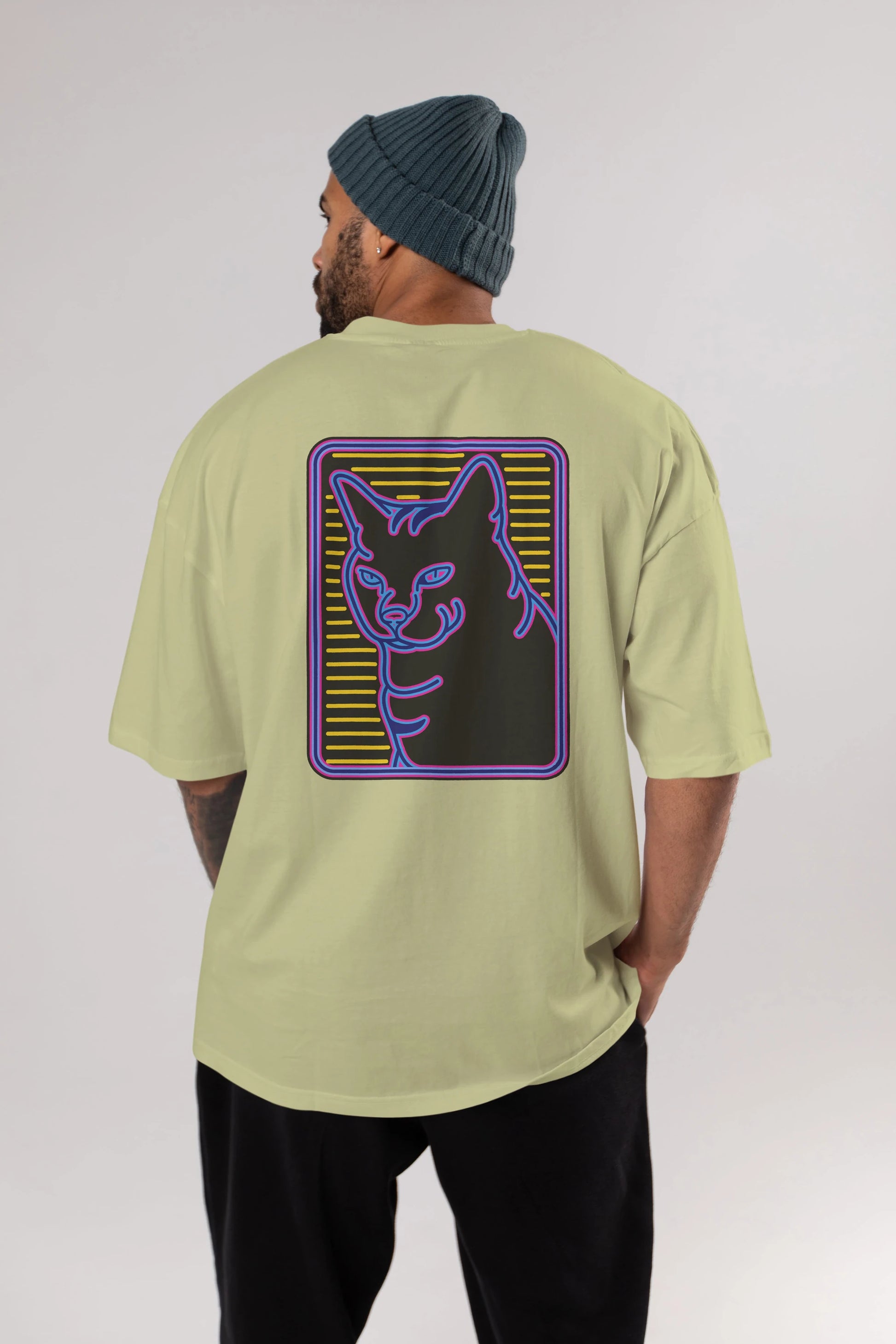 Neon Cat Arka Baskılı Oversize t-shirt Erkek Kadın Unisex