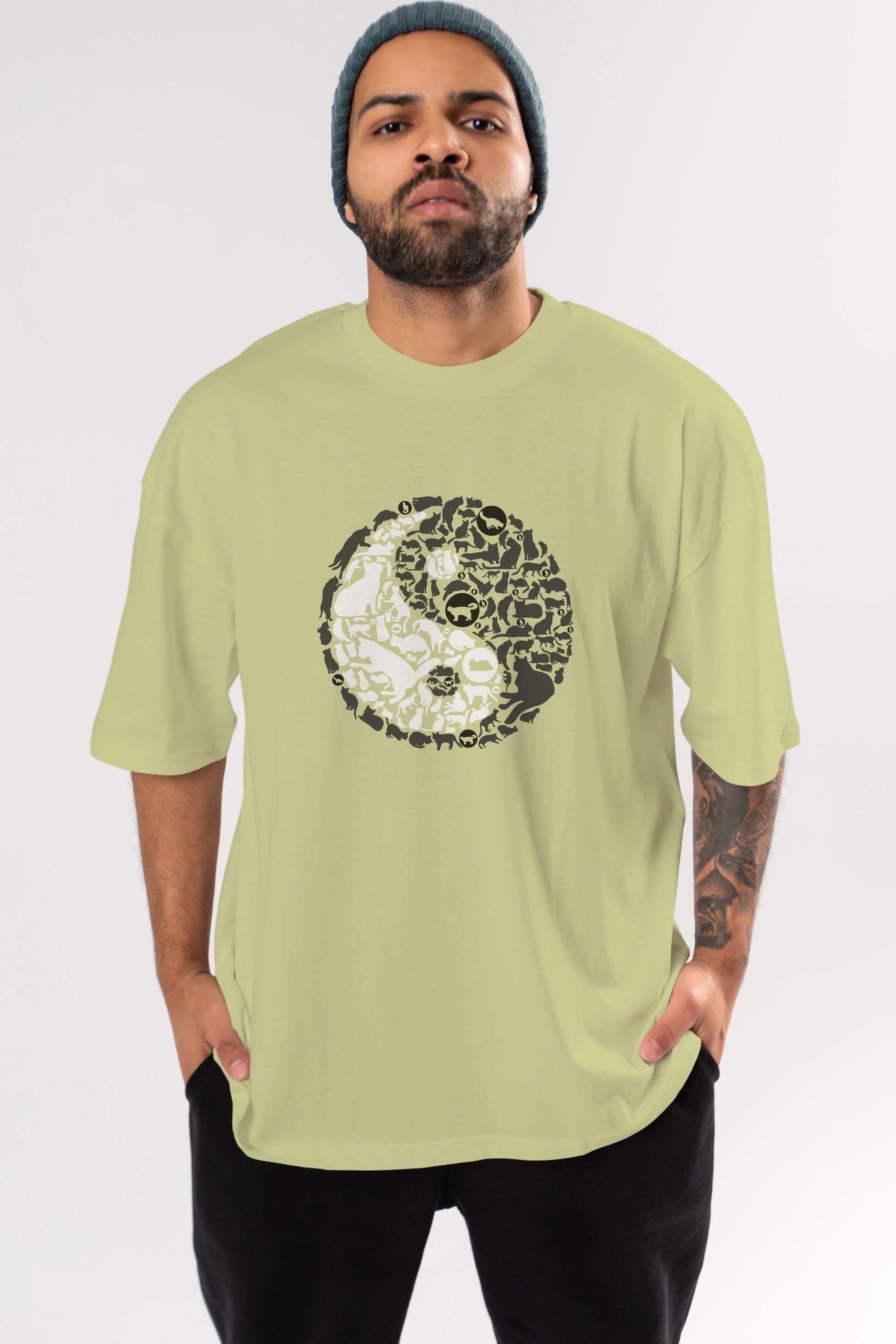 YinYang Cats Ön Baskılı Oversize t-shirt %100 pamuk Erkek Kadın Unisex