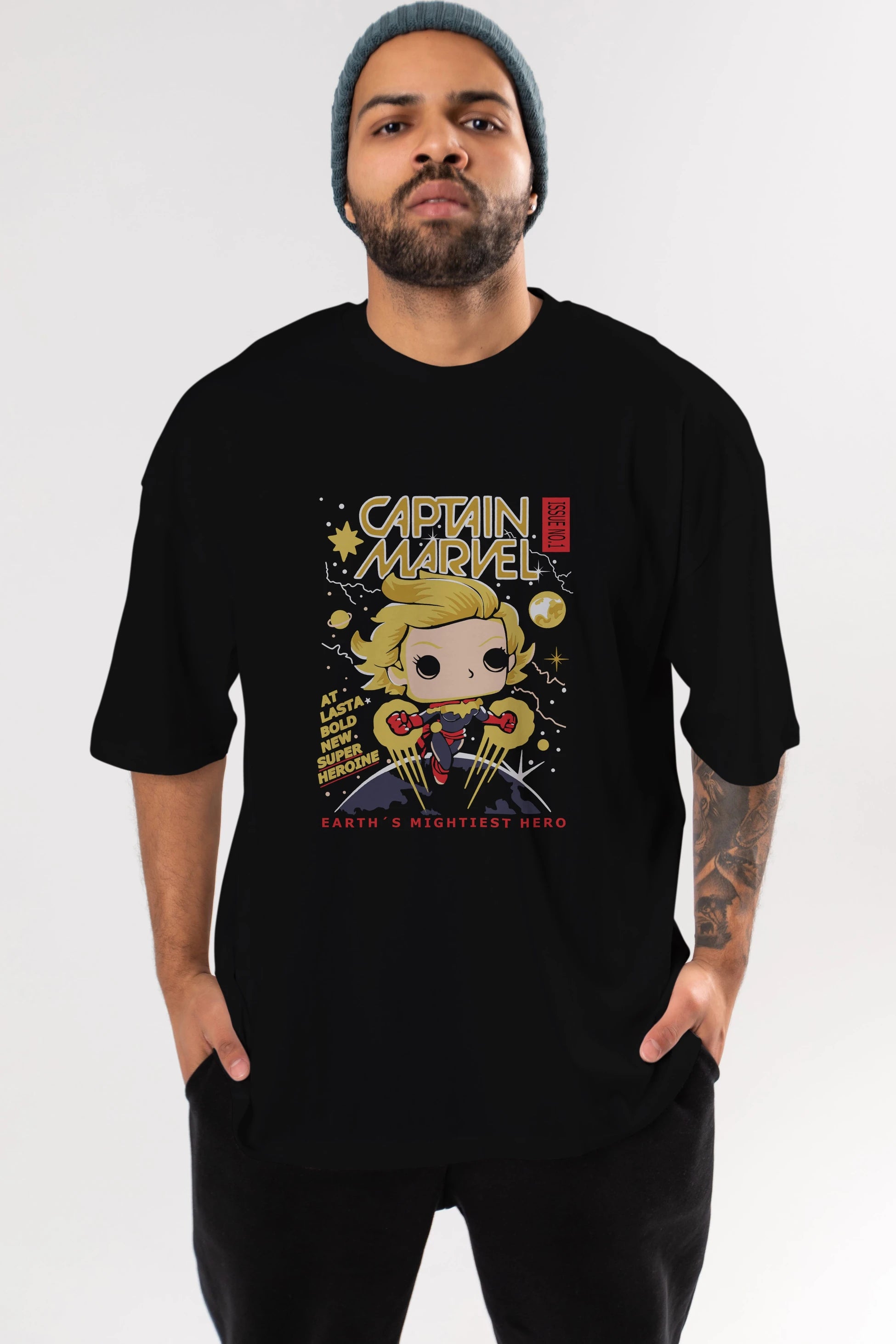 Captain Marvel Ön Baskılı Oversize t-shirt Erkek Kadın Unisex %100 Pamuk Bisiklet Yaka tişort
