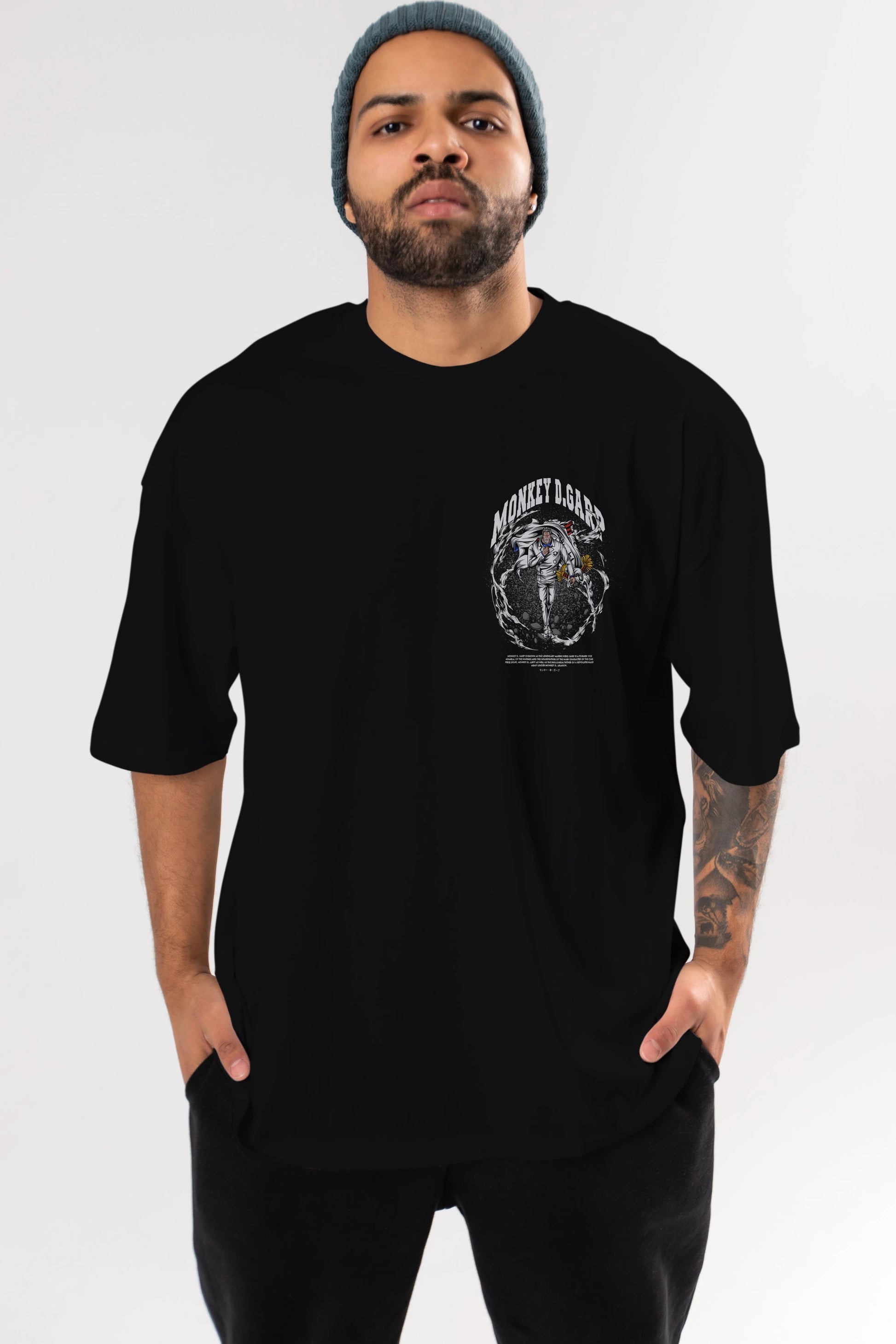Monkey D. Garp Ön Sol Baskılı Oversize t-shirt Erkek Kadın Unisex %100 Pamuk Bisiklet Yaka tişort