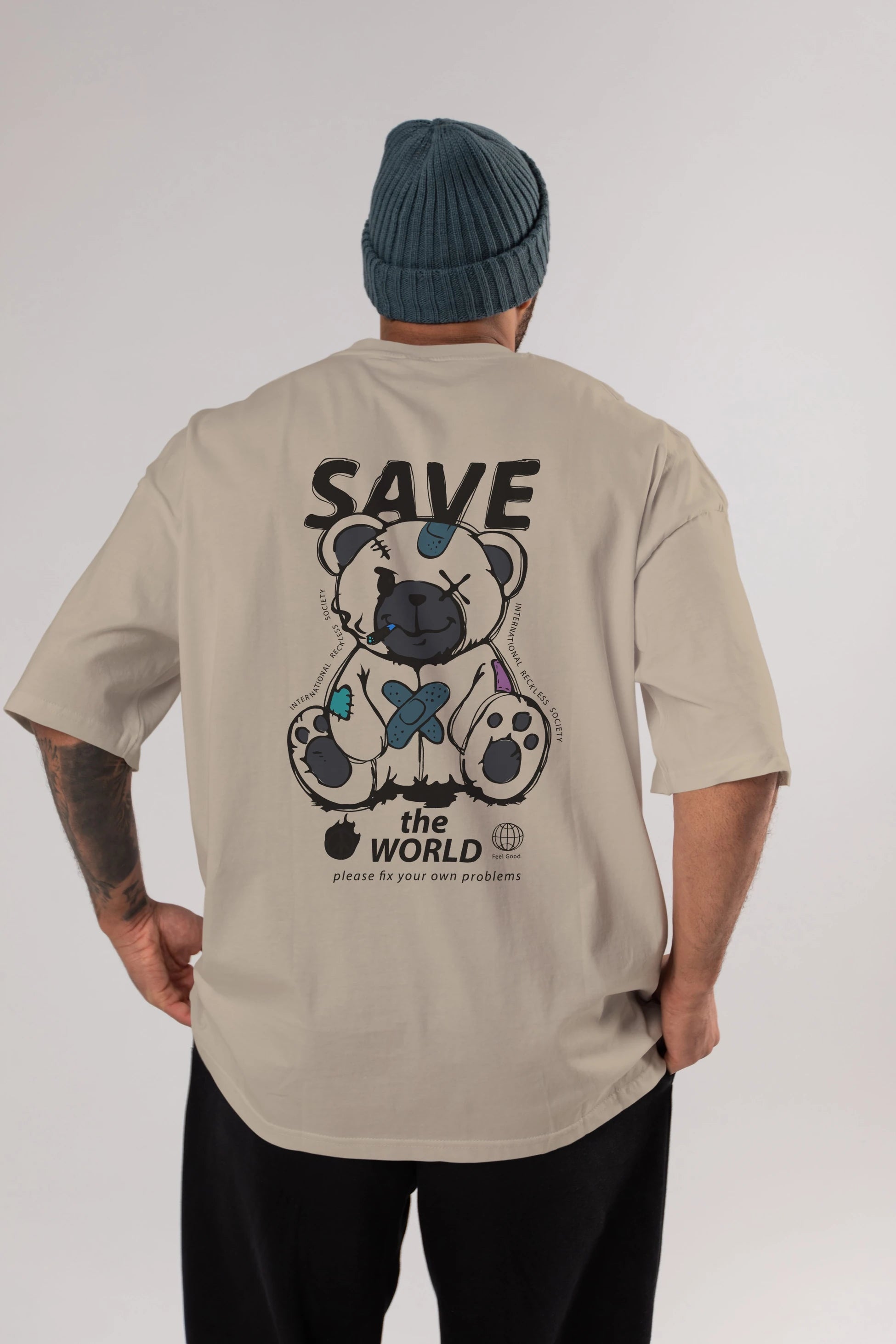 Save the World Bear Arka Baskılı Oversize t-shirt Erkek Kadın Unisex