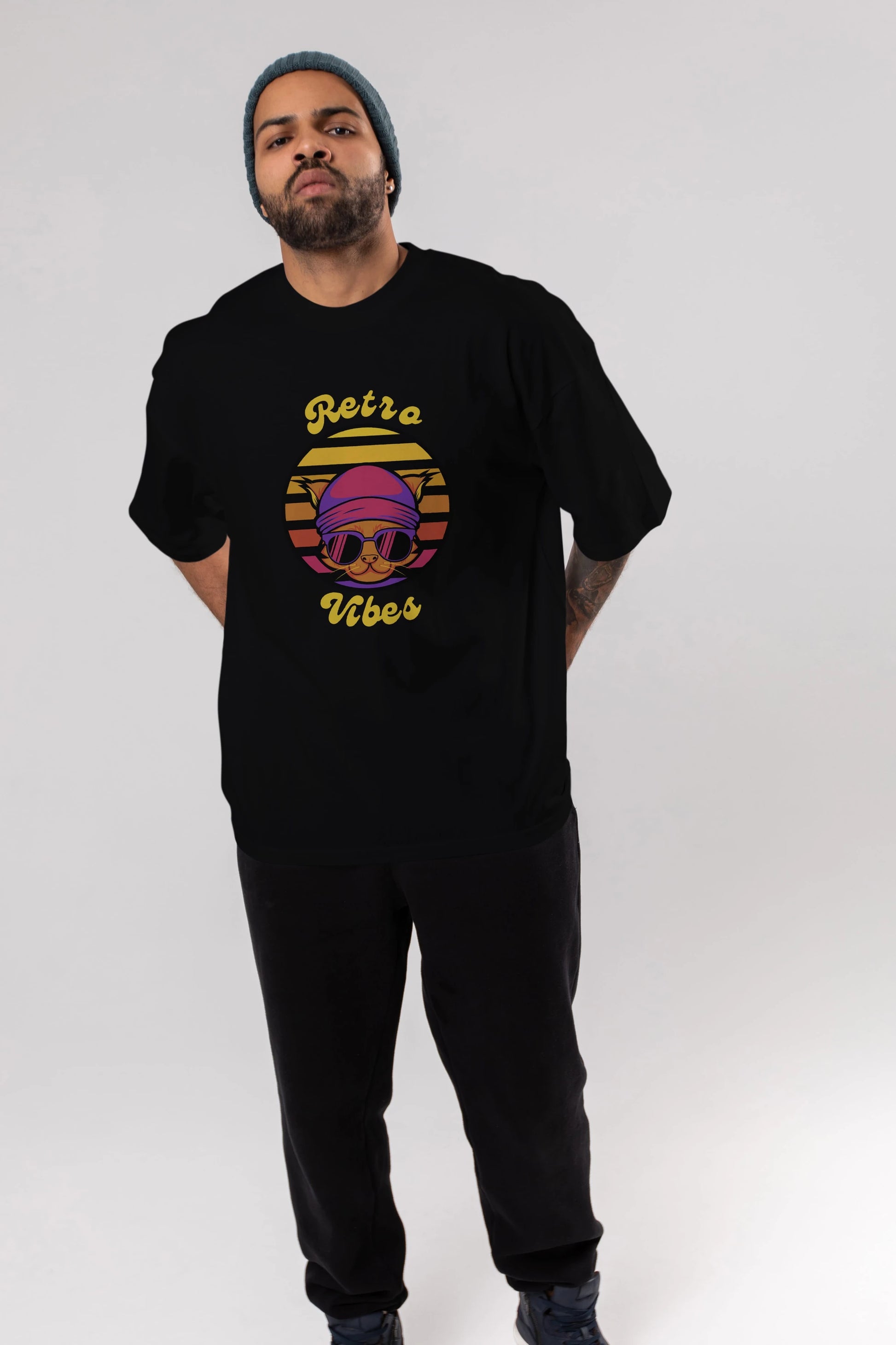 Cat Retro Vibes Ön Baskılı Oversize t-shirt Erkek Kadın Unisex