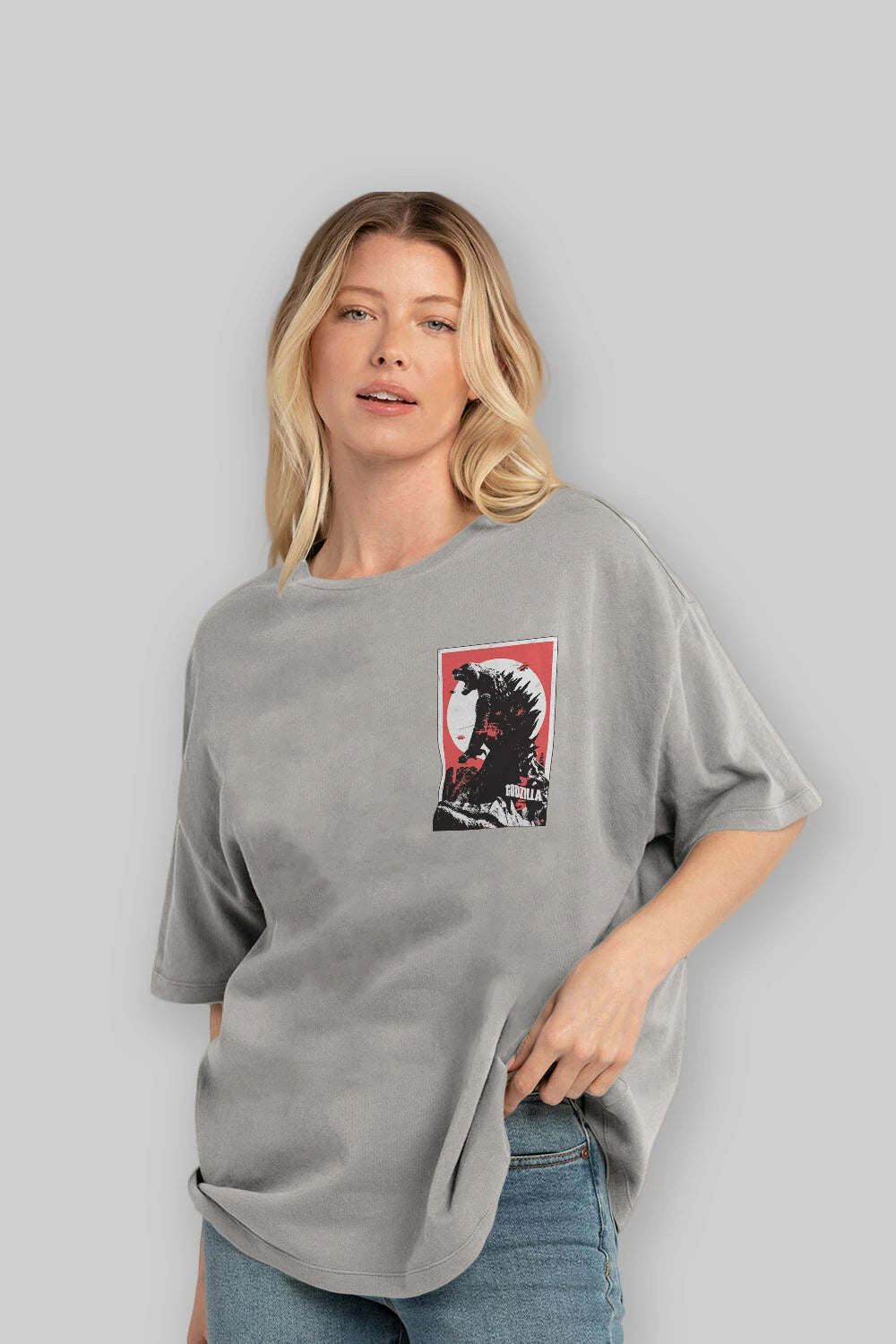 Godzilla (2) Ön Sol Baskılı Oversize t-shirt Erkek Kadın Unisex %100 Pamuk Bisiklet Yaka tişort