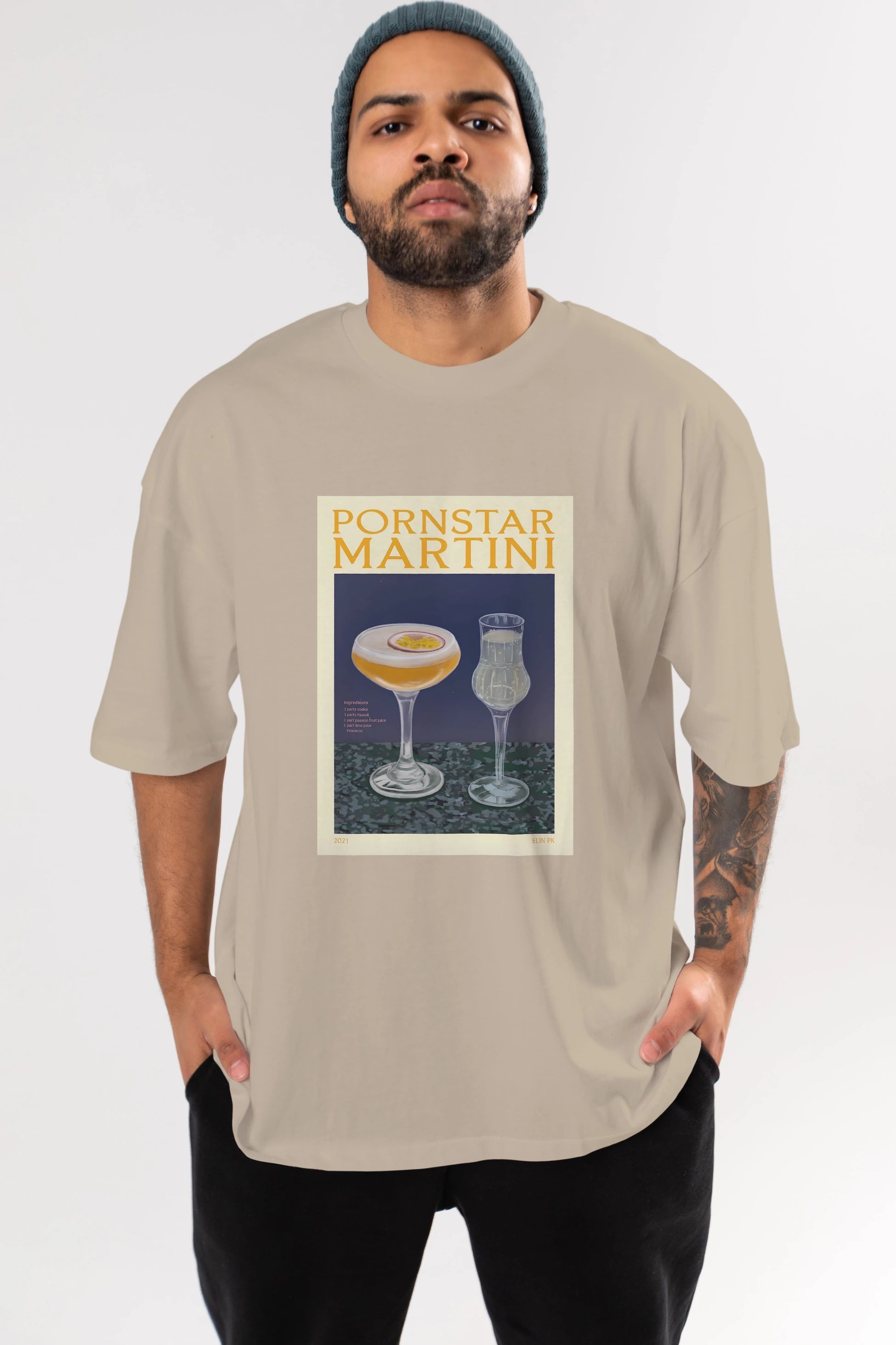 P.rnstar Martini Ön Baskılı Oversize t-shirt Erkek Kadın Unisex %100 Pamuk Bisiklet Yaka tişort