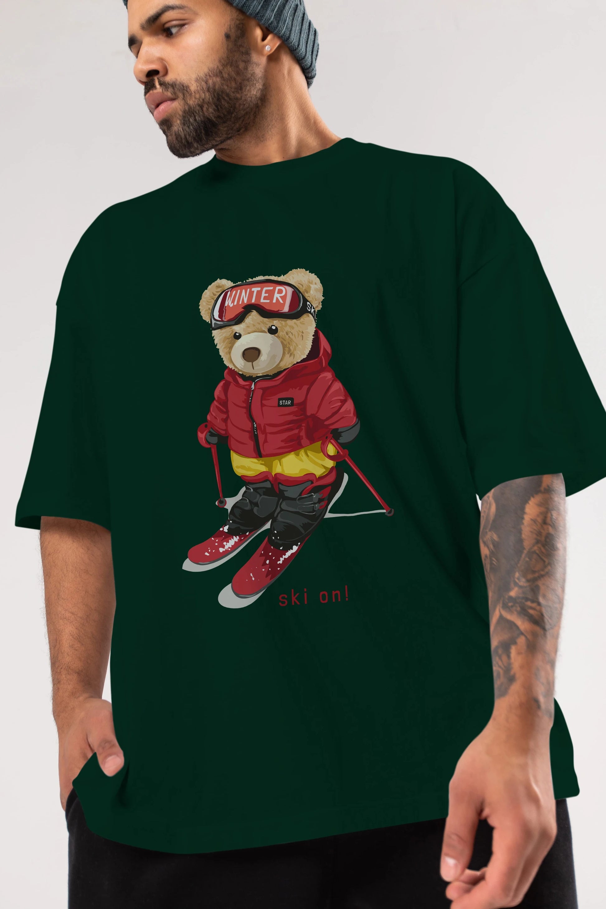 Teddy Bear Ski On Ön Baskılı Oversize t-shirt Erkek Kadın Unisex %100 Pamuk