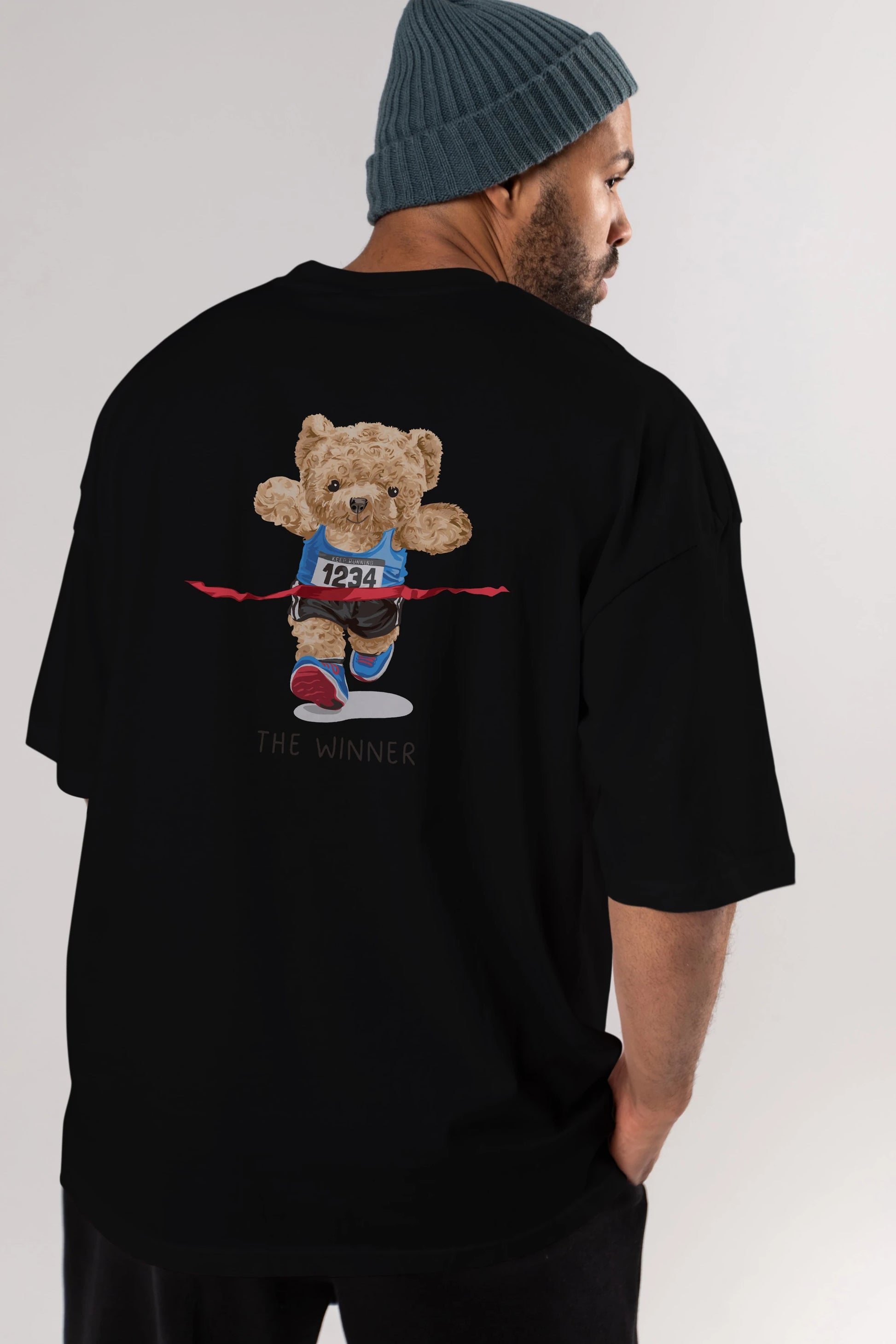Teddy Bear The Winner Arka Baskılı Oversize t-shirt Erkek Kadın Unisex %100 Pamuk