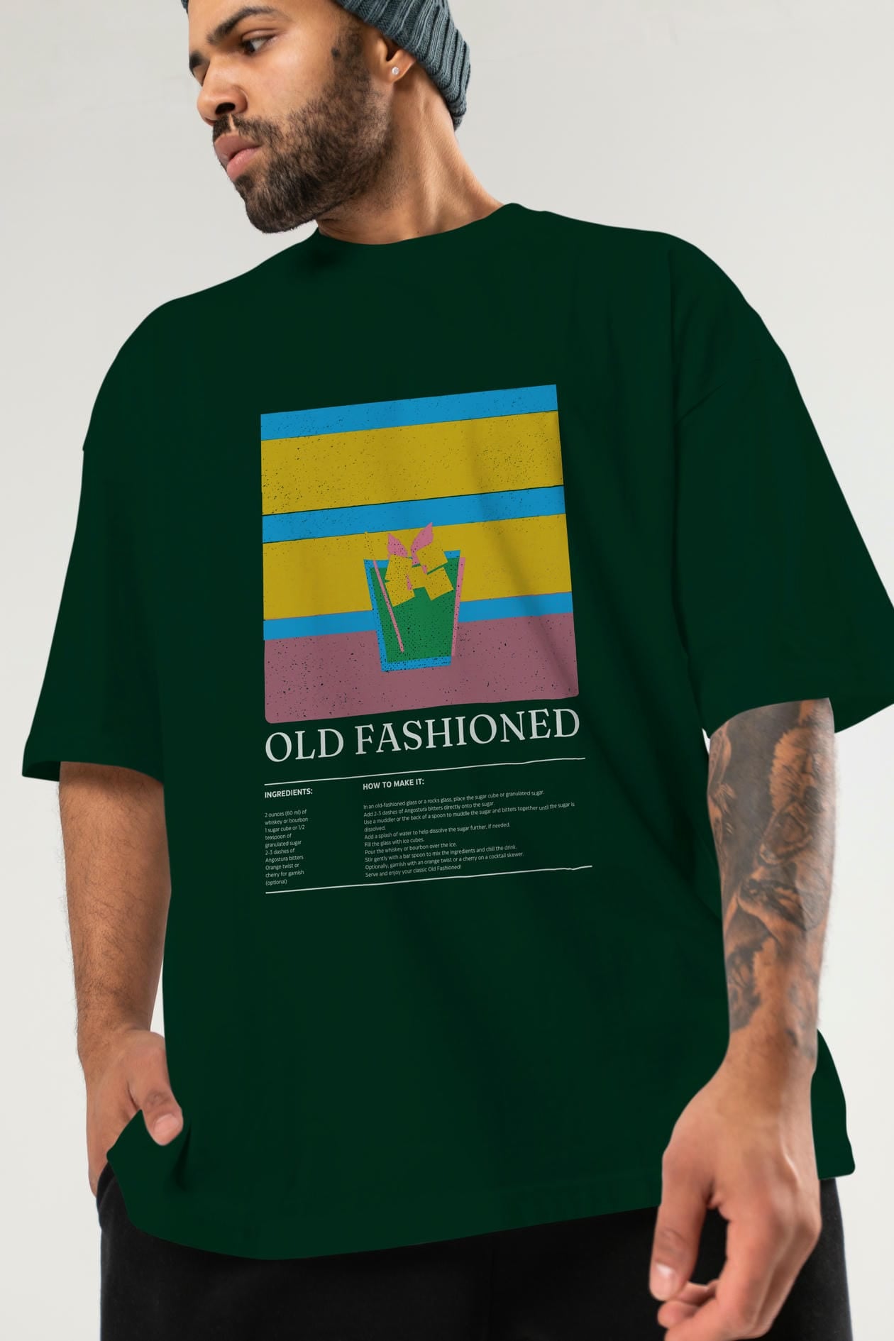 Old Fashioned Kokteyl Ön Baskılı Oversize t-shirt Erkek Kadın %100 Pamuk Bisiklet Yaka tişort