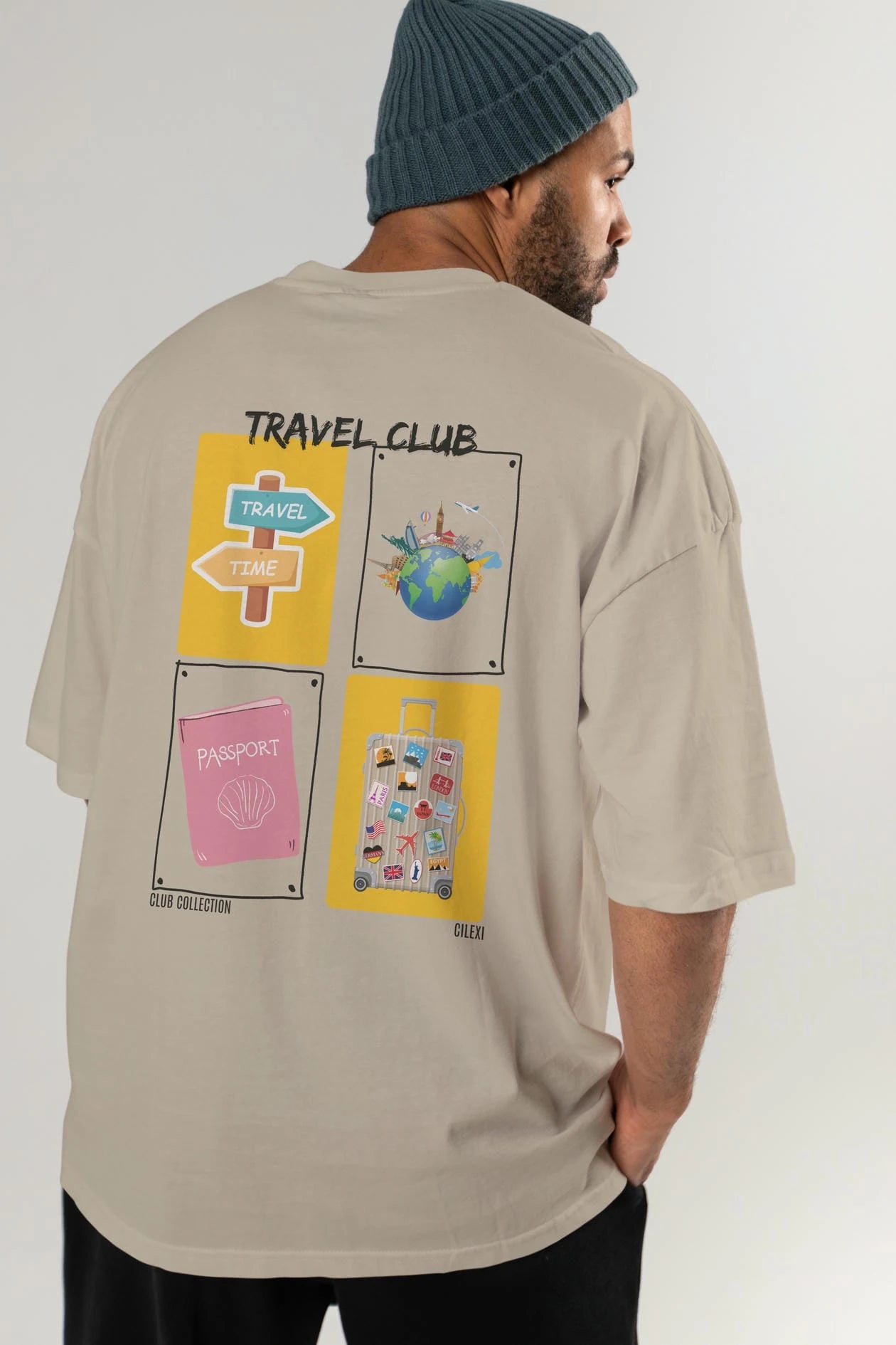 Travel Club Arka Baskılı Oversize t-shirt Erkek Kadın %100 Pamuk Bisiklet Yaka tişort