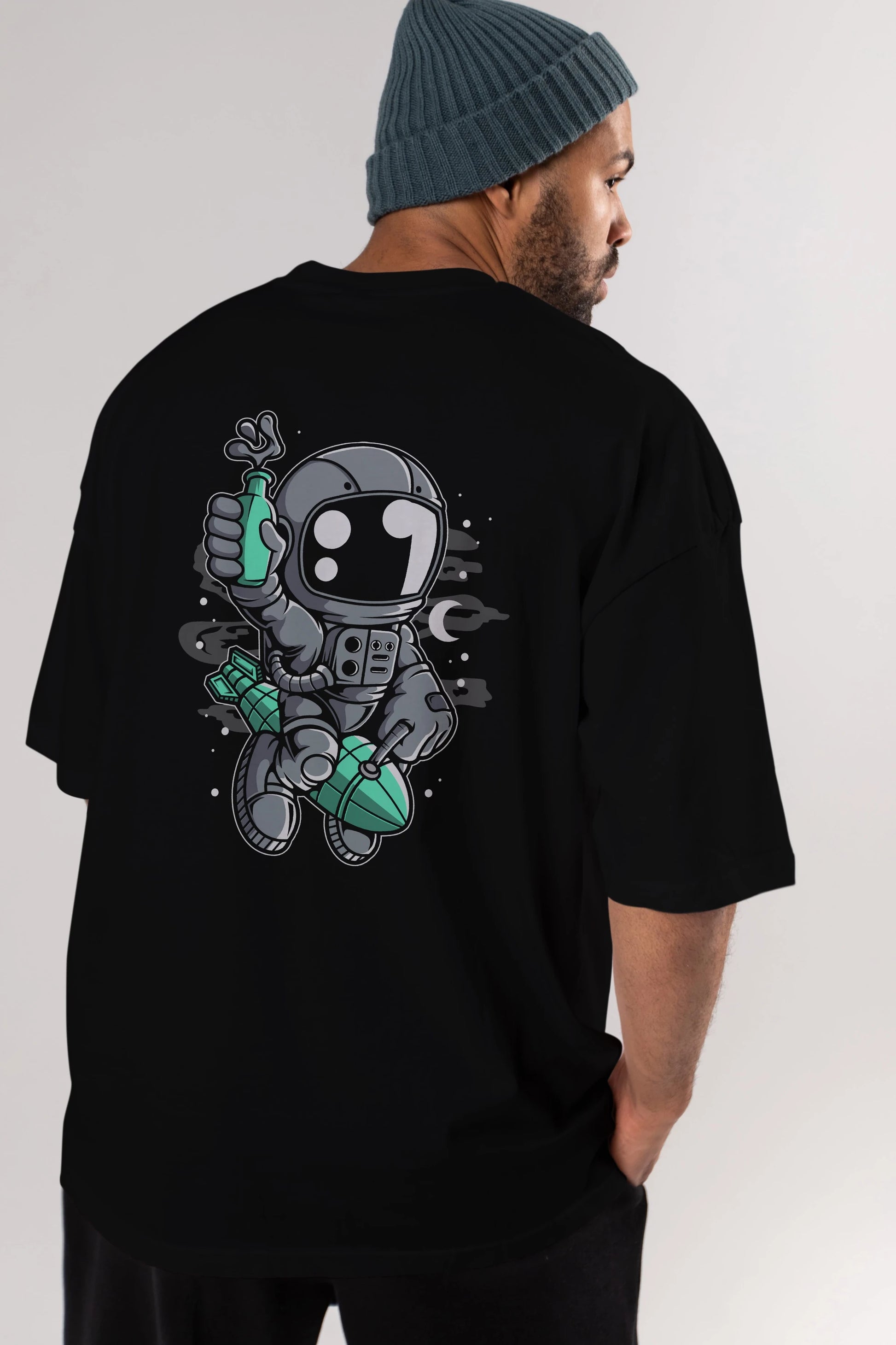 Astronaut Rocket Arka Baskılı Oversize t-shirt Erkek Kadın Unisex