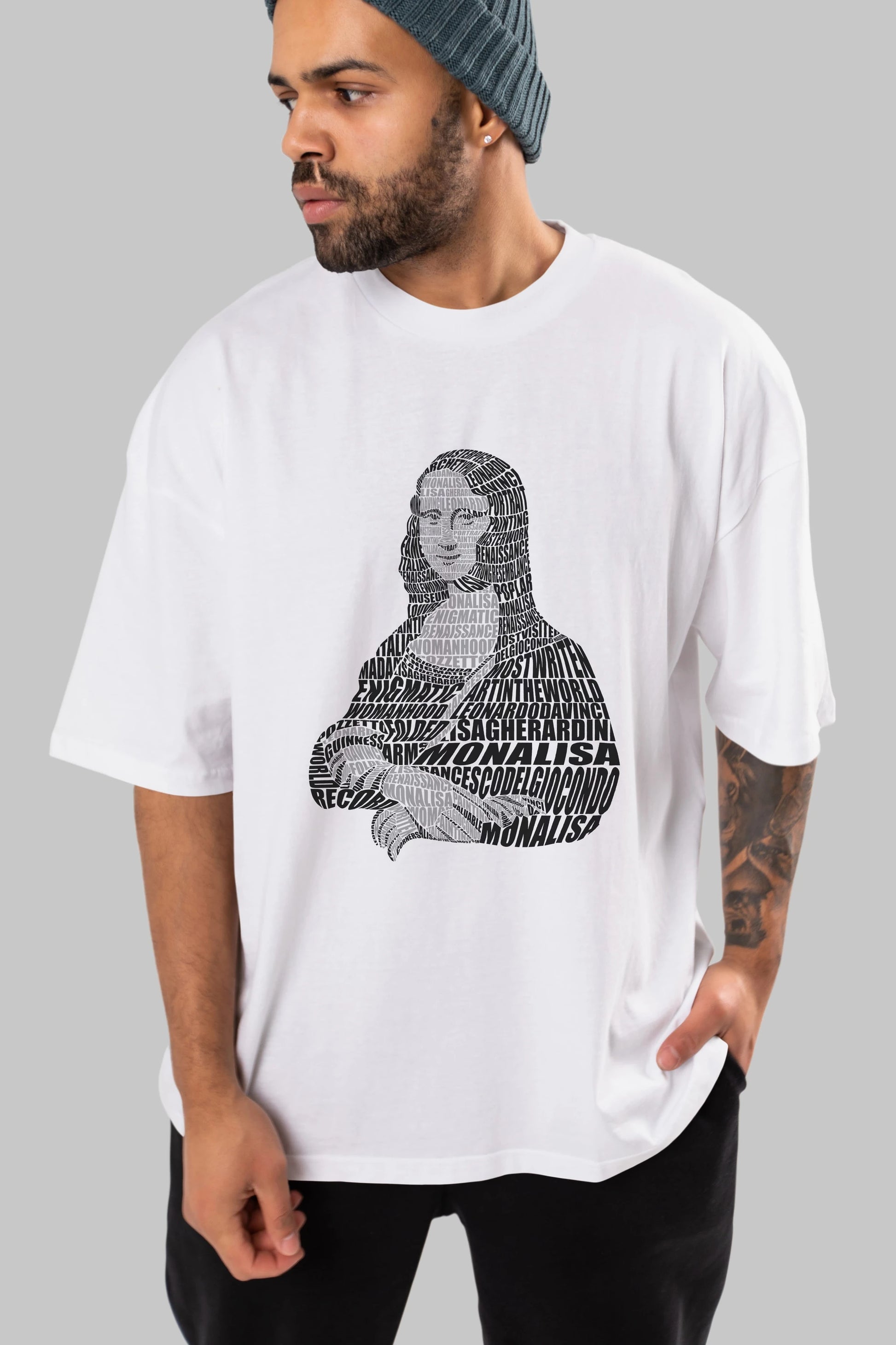 Mona Lisa Calligram Ön Baskılı Oversize t-shirt %100 pamuk Erkek Kadın Unisex