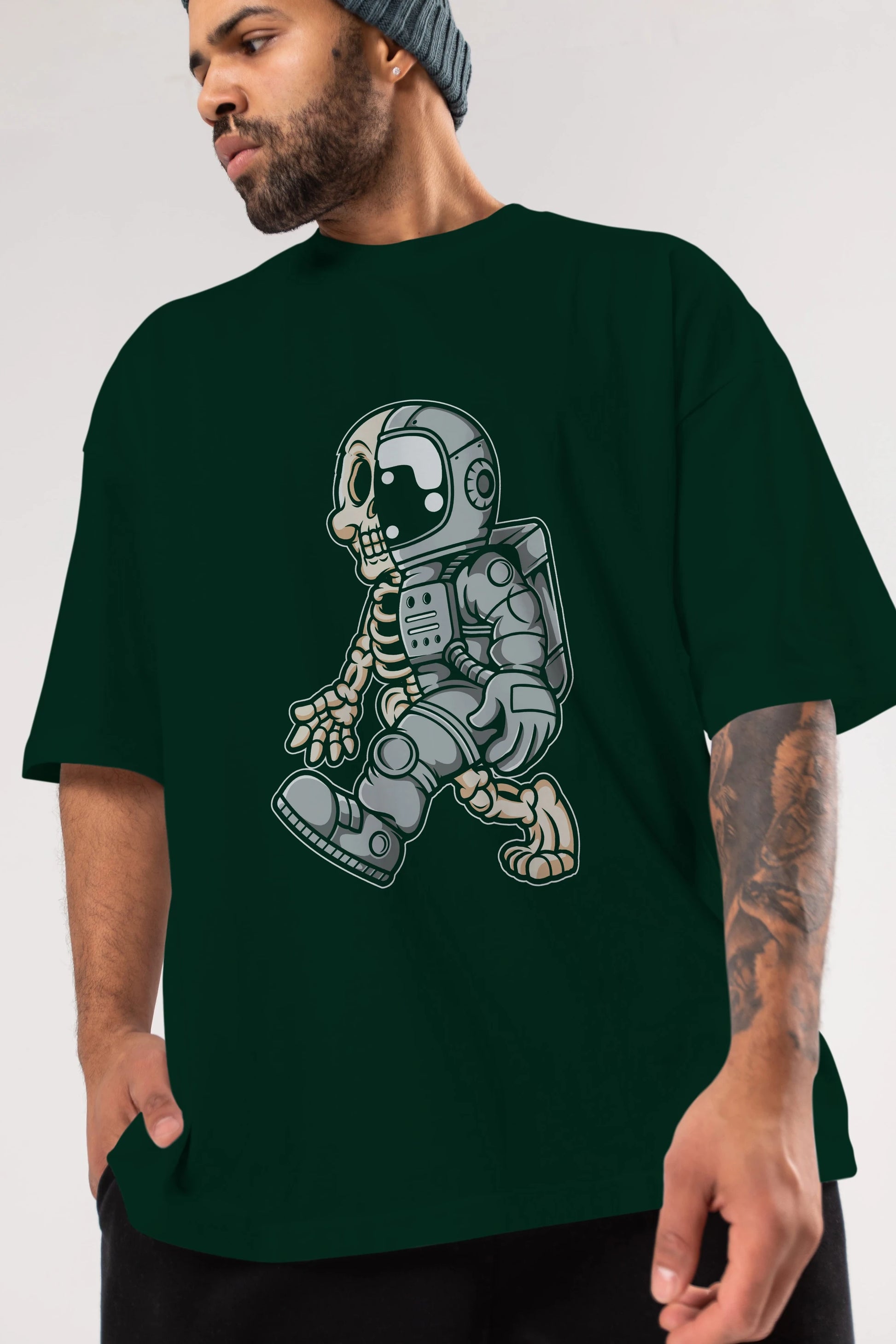 Astronaut Half Skull Ön Baskılı Oversize t-shirt Erkek Kadın Unisex