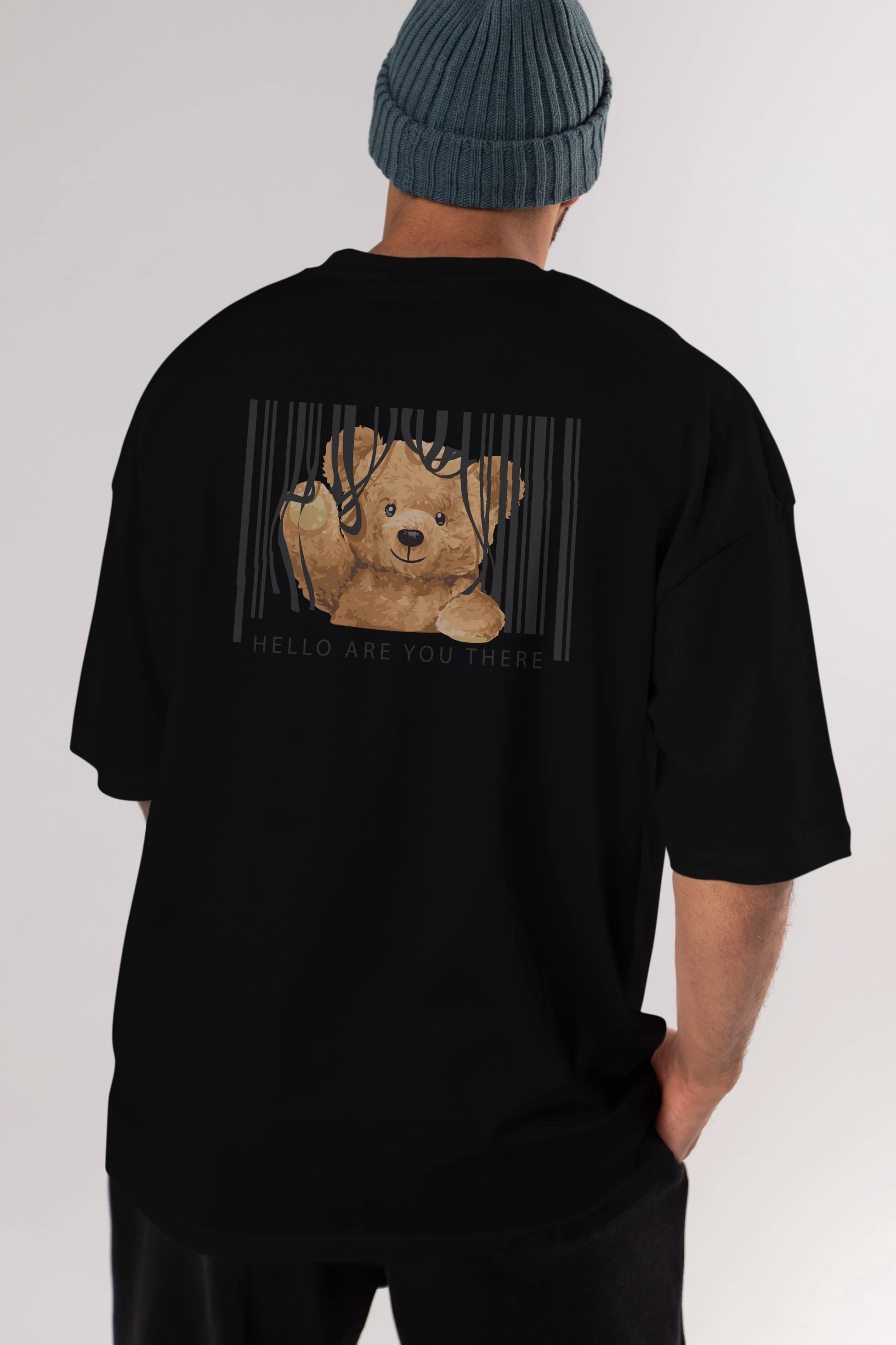 Teddy Bear Hello Arka Baskılı Oversize t-shirt Erkek Kadın Unisex %100 Pamuk