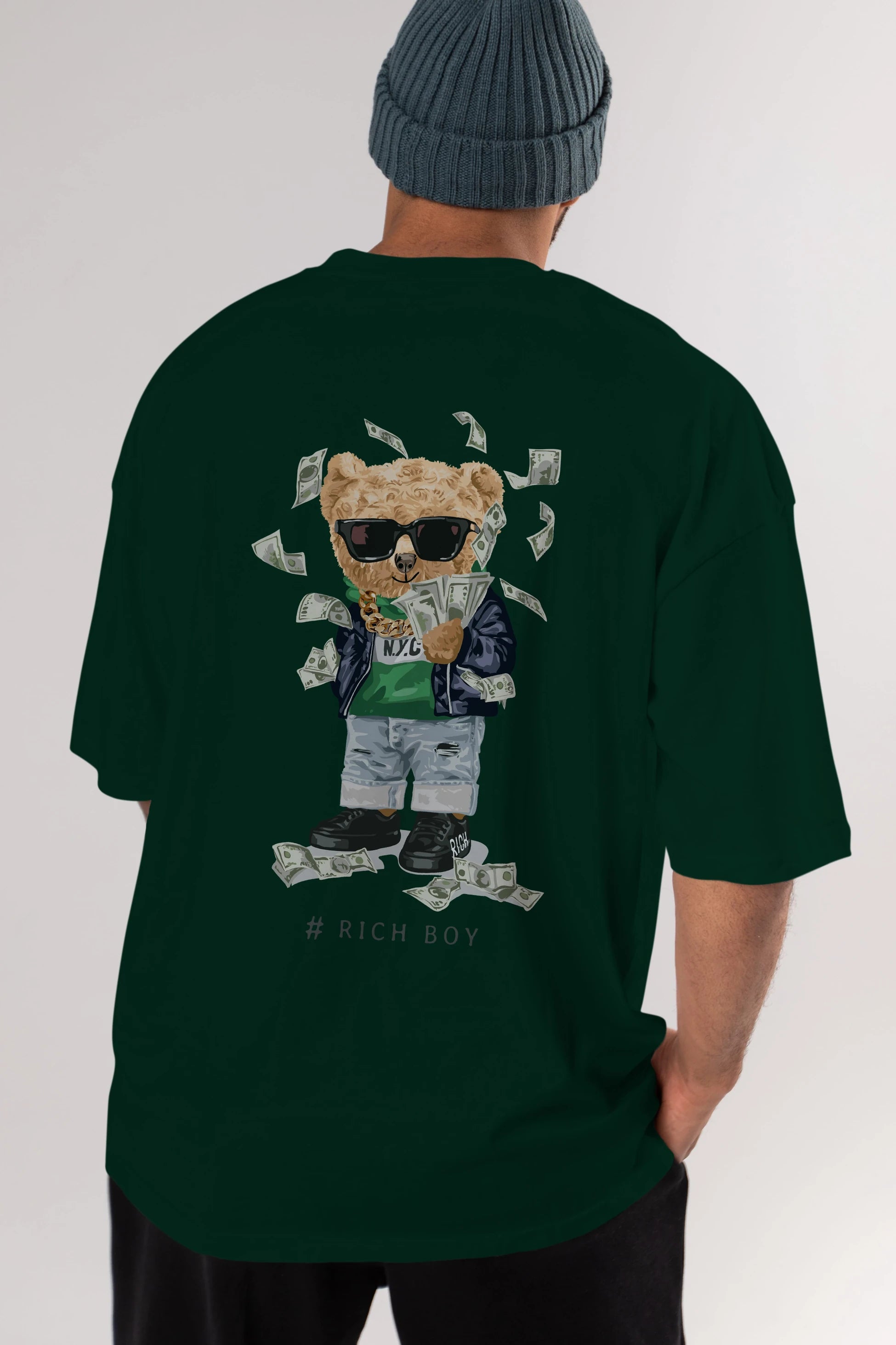 Teddy Bear Rich Boy Arka Baskılı Oversize t-shirt Erkek Kadın Unisex %100 Pamuk