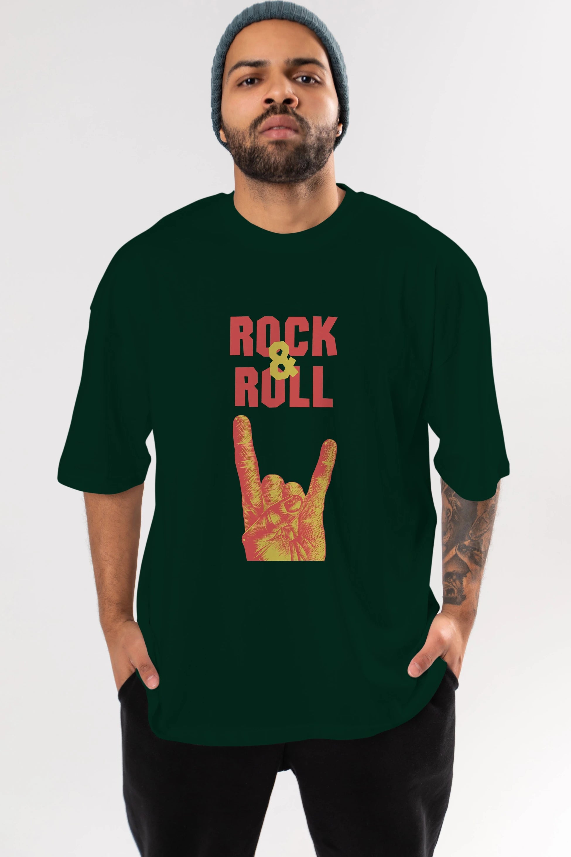 Rock & Roll Yazılı Ön Baskılı Oversize t-shirt Erkek Kadın Unisex