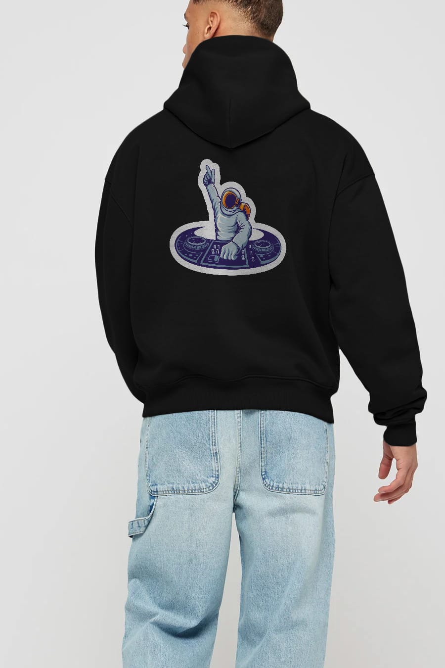 Astronaut Disk Jockey Party Sticker Arka Baskılı Hoodie Oversize Kapüşonlu Sweatshirt Erkek Kadın Unisex