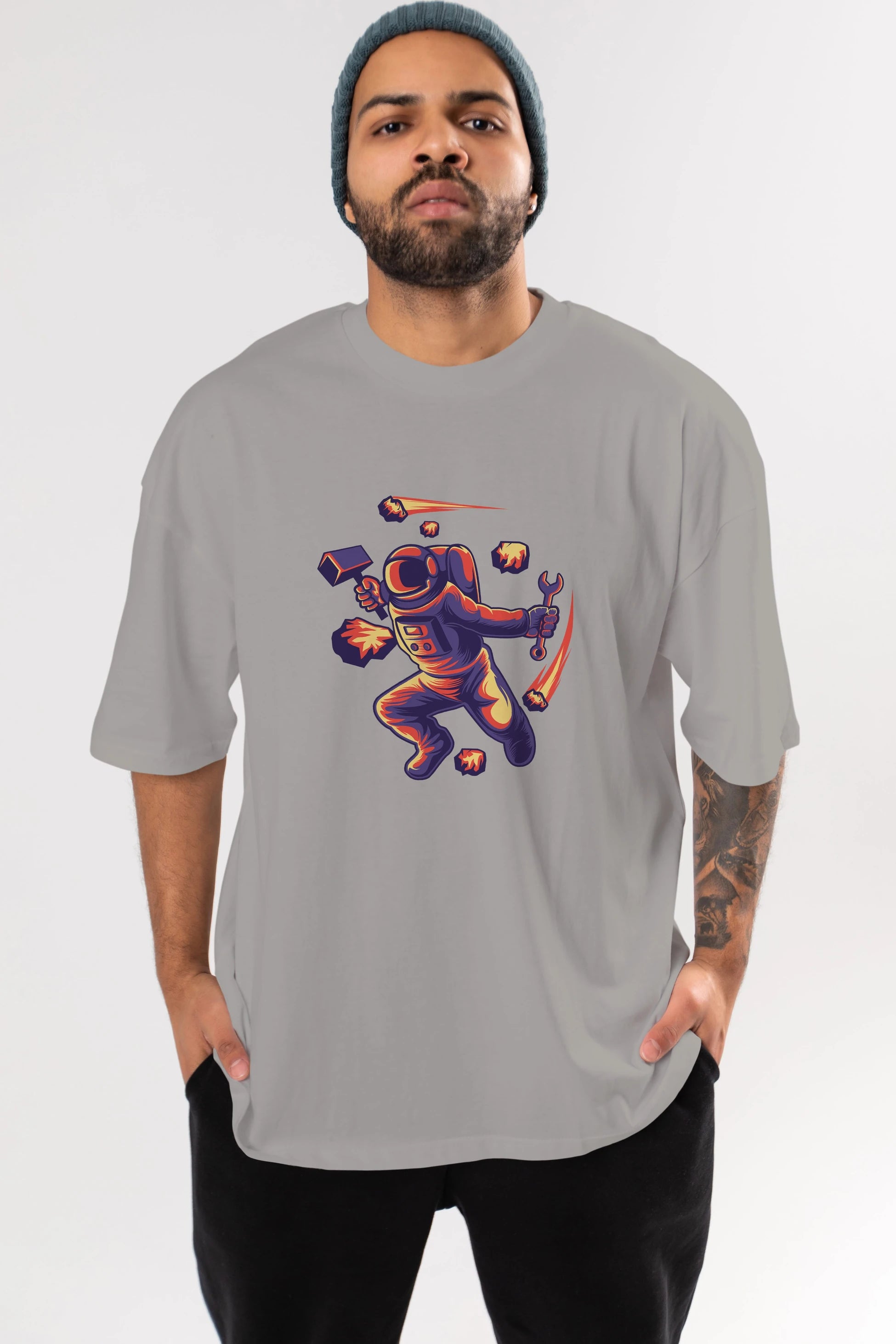 Astronaut Block Meteor Ön Baskılı Oversize t-shirt Erkek Kadın Unisex