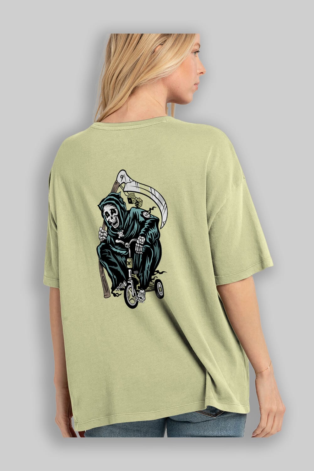 Grim Reaper Bicycle Arka Baskılı Oversize t-shirt Erkek Kadın Unisex %100 Pamuk tişort