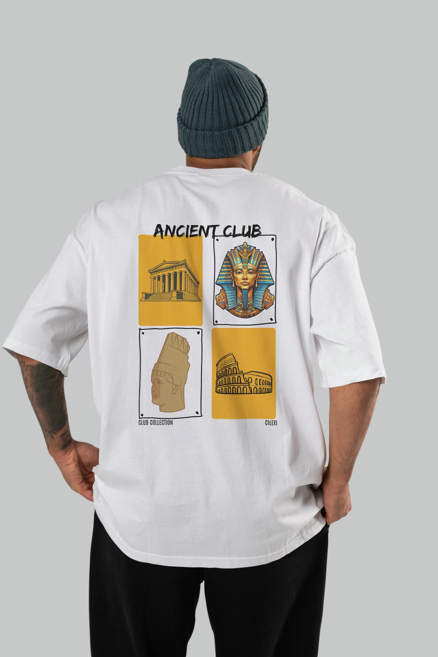 Ancient Club Arka Baskılı Oversize t-shirt Erkek Kadın %100 Pamuk Bisiklet Yaka tişort