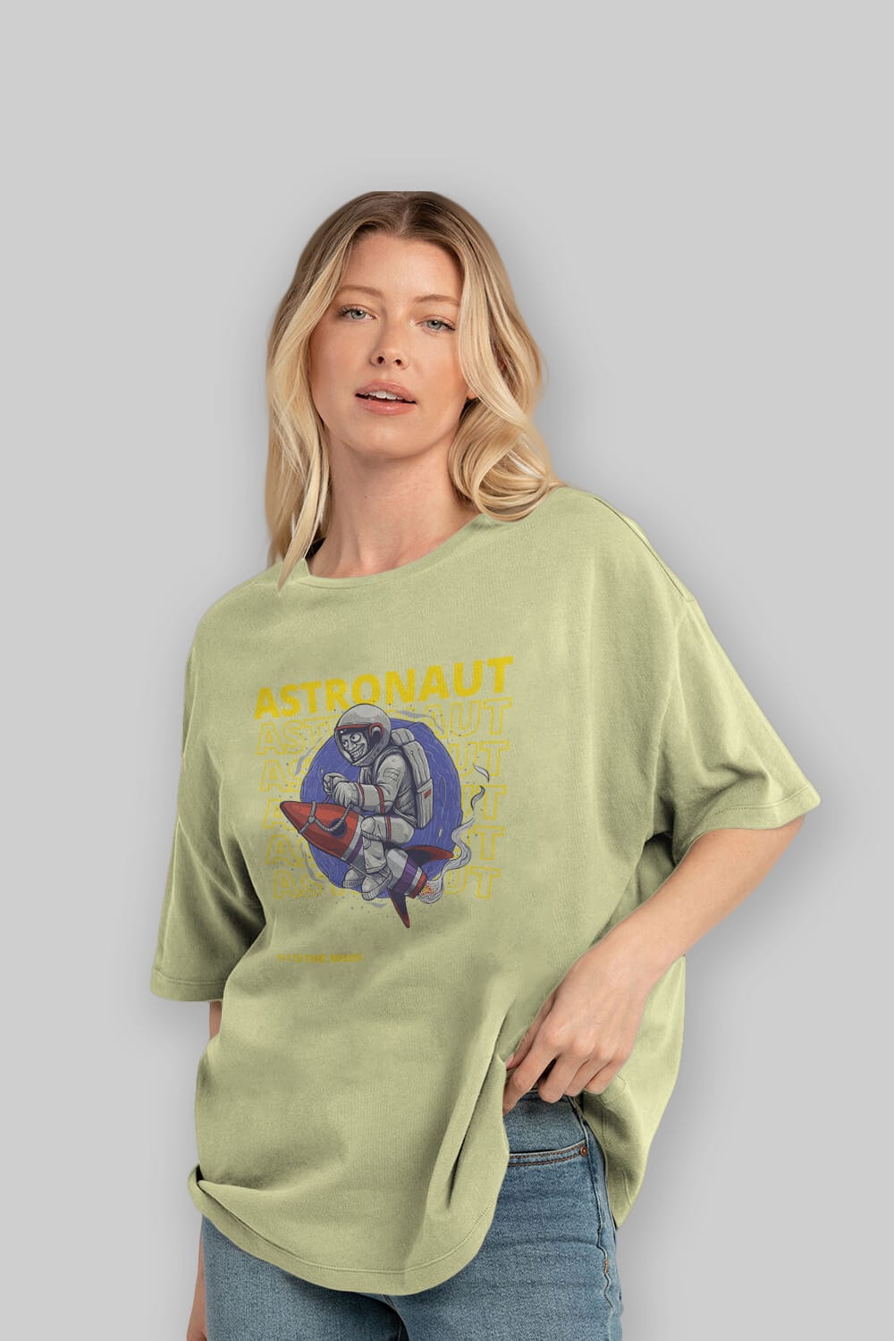 Astronaut Fly to the Moon Yazılı Ön Baskılı Oversize t-shirt Erkek Kadın Unisex