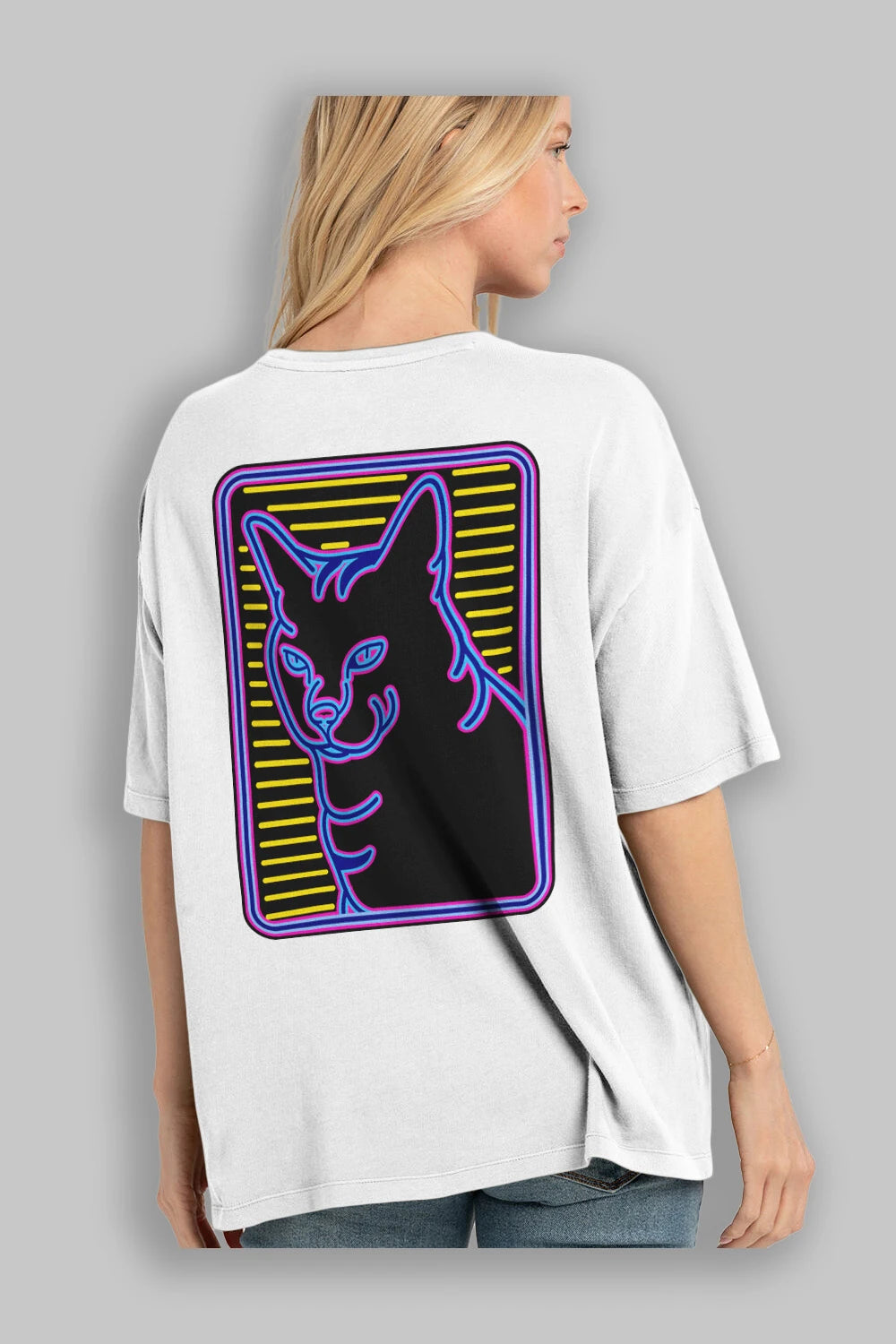 Neon Cat Arka Baskılı Oversize t-shirt Erkek Kadın Unisex