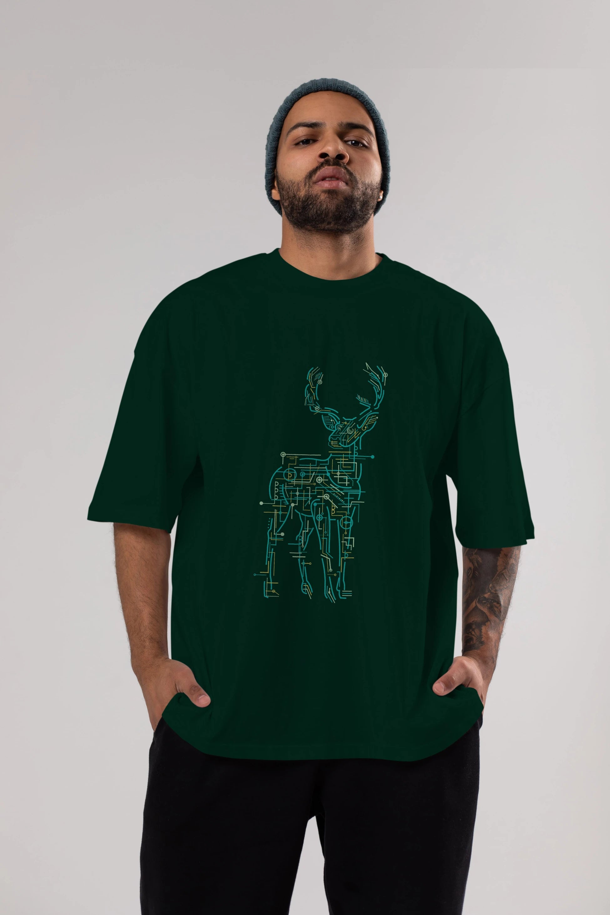 Electric Deer Ön Baskılı Oversize t-shirt %100 pamuk Erkek Kadın Unisex