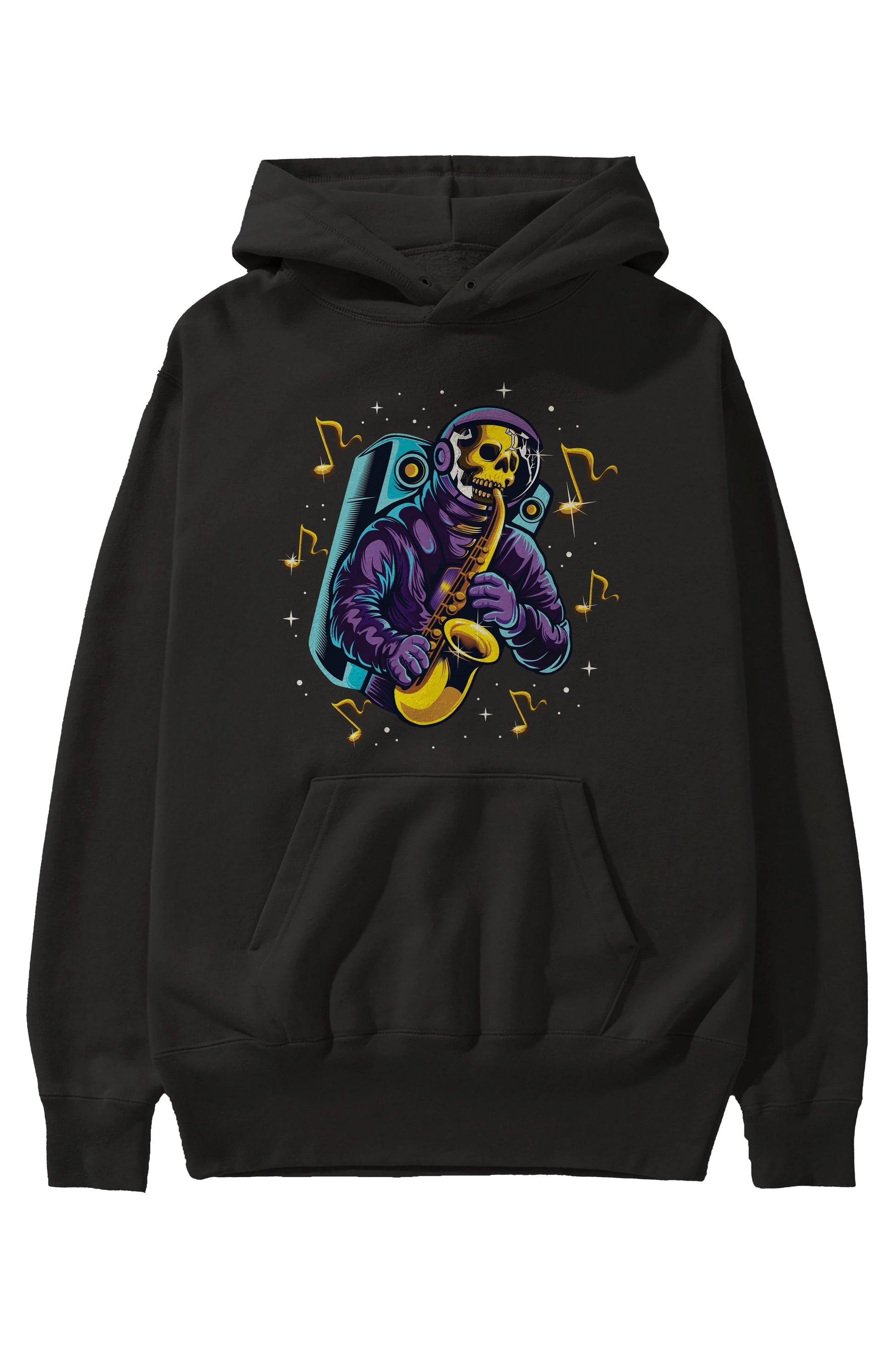 Astroskull Saxophonist Ön Baskılı Hoodie Oversize Kapüşonlu Sweatshirt Erkek Kadın Unisex