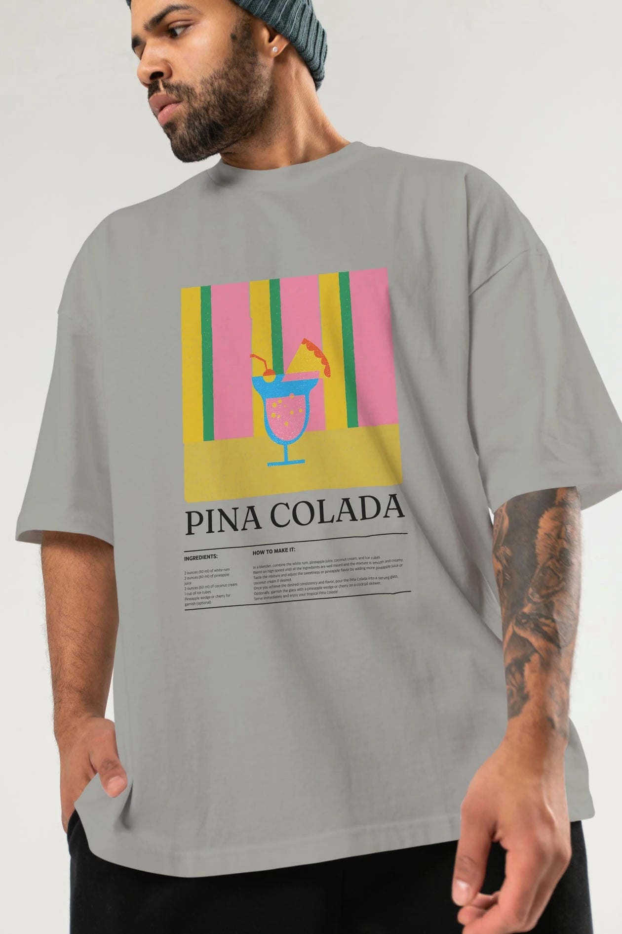 Pina Colada Kokteyl Ön Baskılı Oversize t-shirt Erkek Kadın %100 Pamuk Bisiklet Yaka tişort