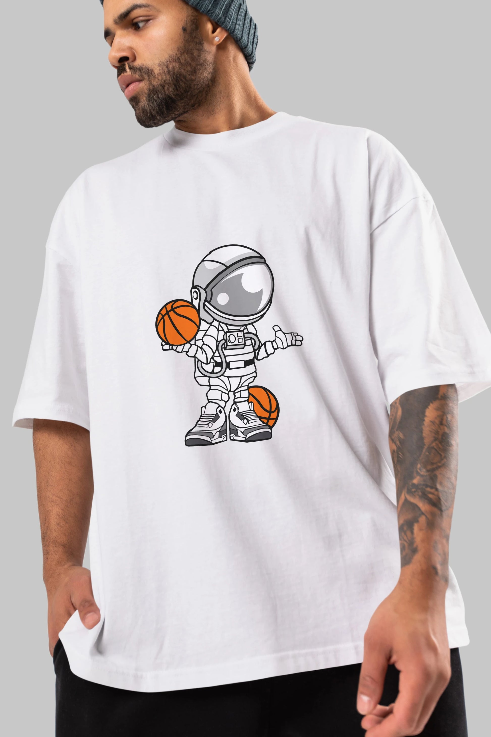 Astronaut Basketball Player Ön Baskılı Oversize t-shirt Erkek Kadın Unisex %100 Pamuk tişort