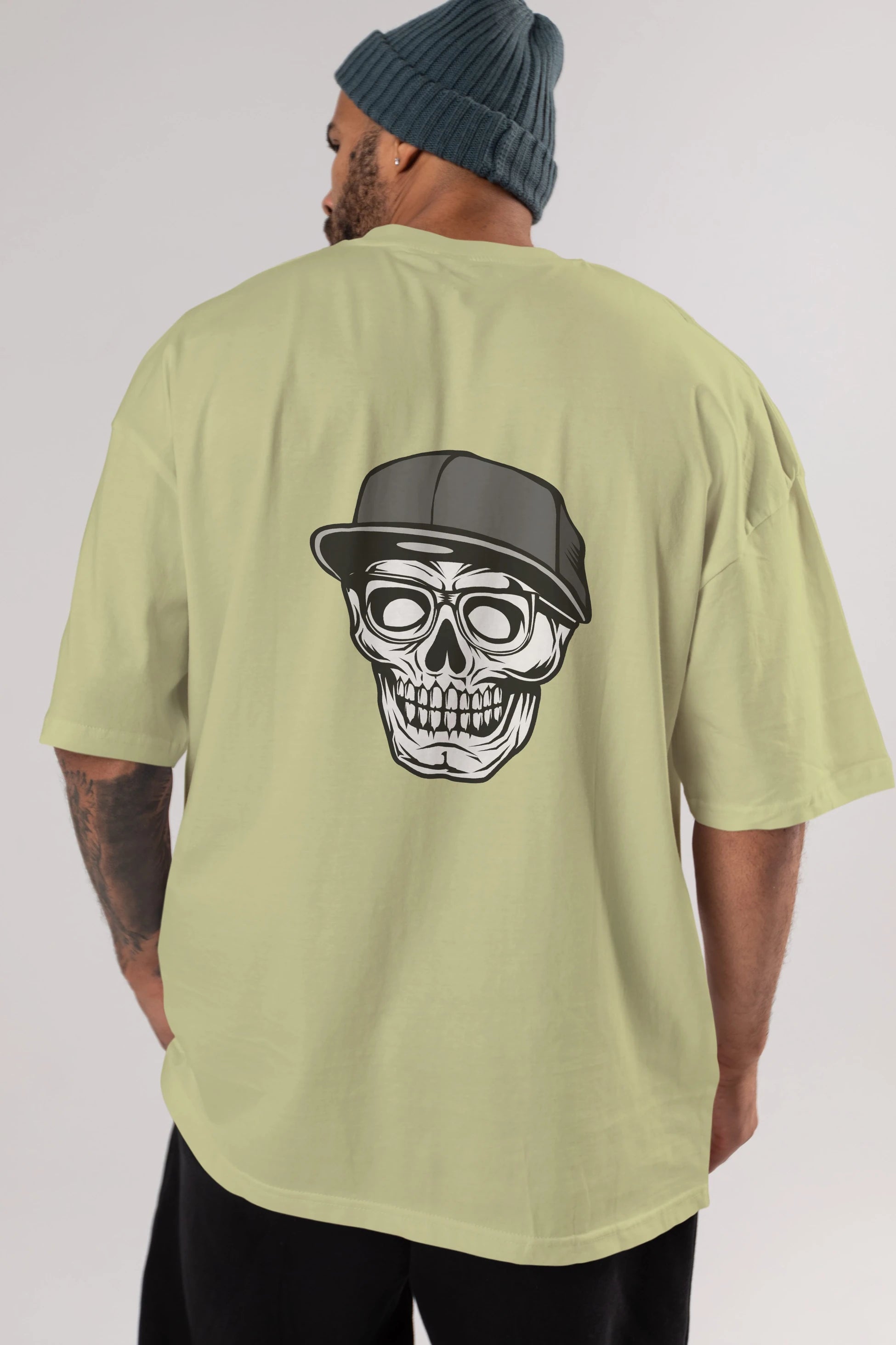 Skull With Hat Arka Baskılı Oversize t-shirt Erkek Kadın Unisex %100 Pamuk tişort