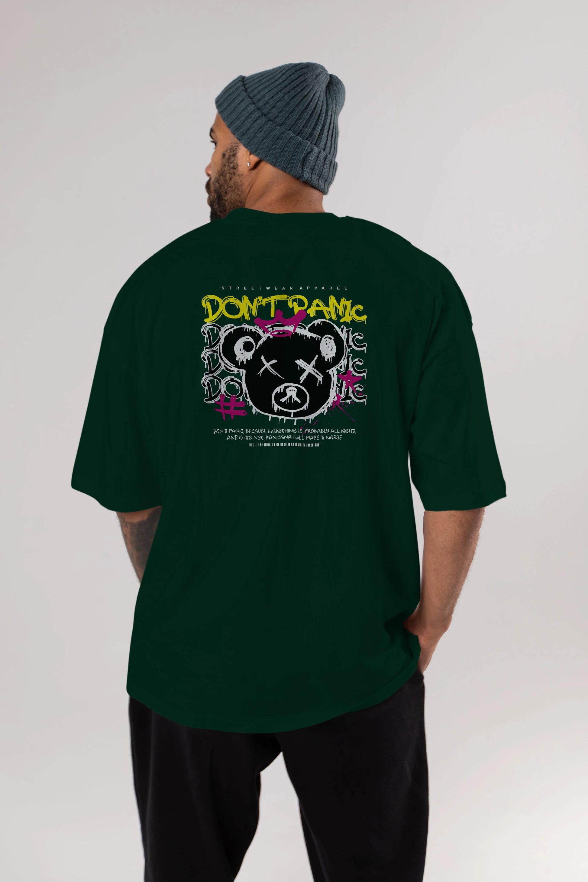 Teddy Bear Dont Panic Arka Baskılı Oversize t-shirt Erkek Kadın Unisex